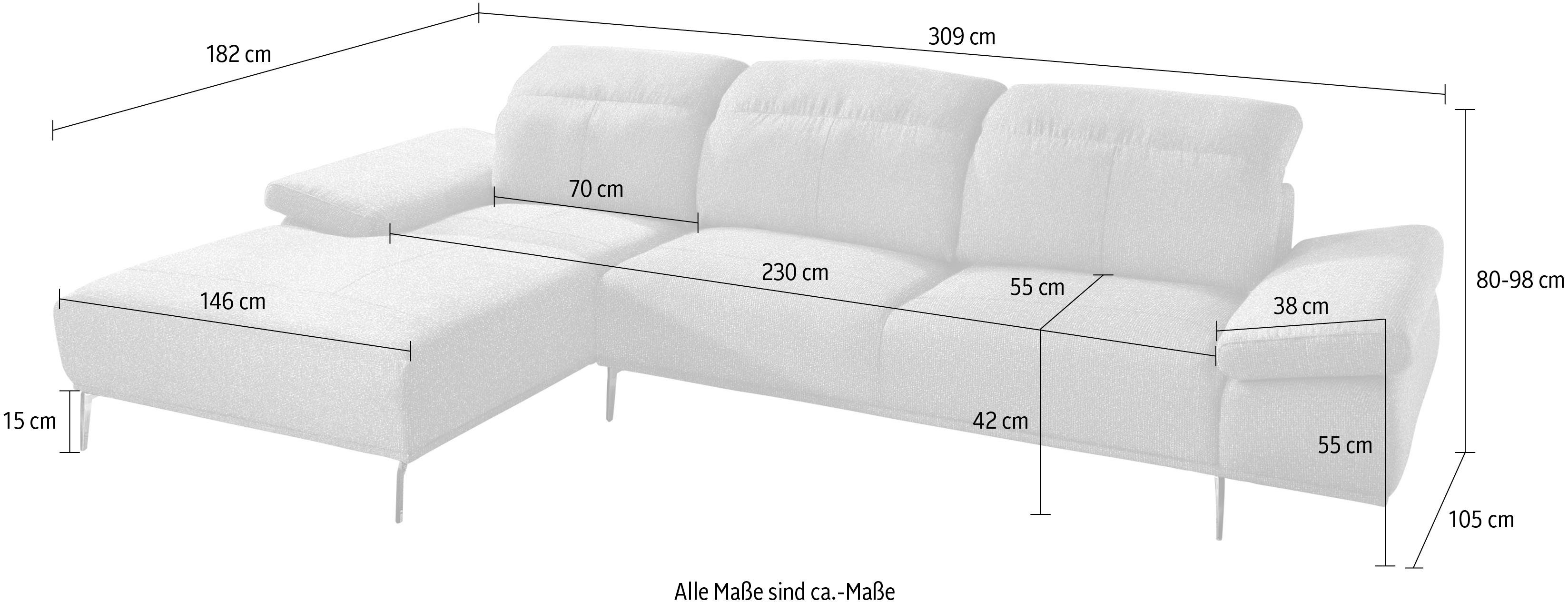 & Breite Ecksofa W.SCHILLIG inklusive Seitenteilverstellung, 309cm levi, Kopfstützenverstellung