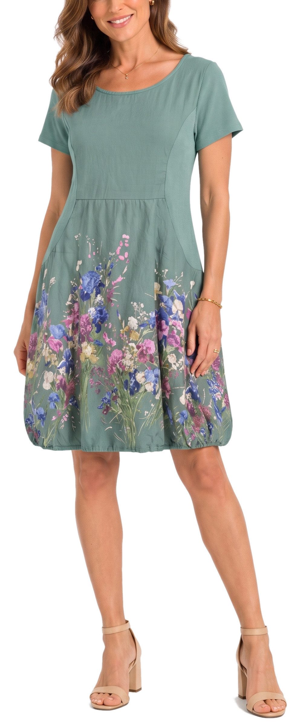 dy_mode Midikleid Damen Sommerkleid mit Blumenmuster Ballonkleid kurzarm Kurzarmkleid Leicht tailliert, 95 cm lang, Blumen-Print – Bild 3 von 5