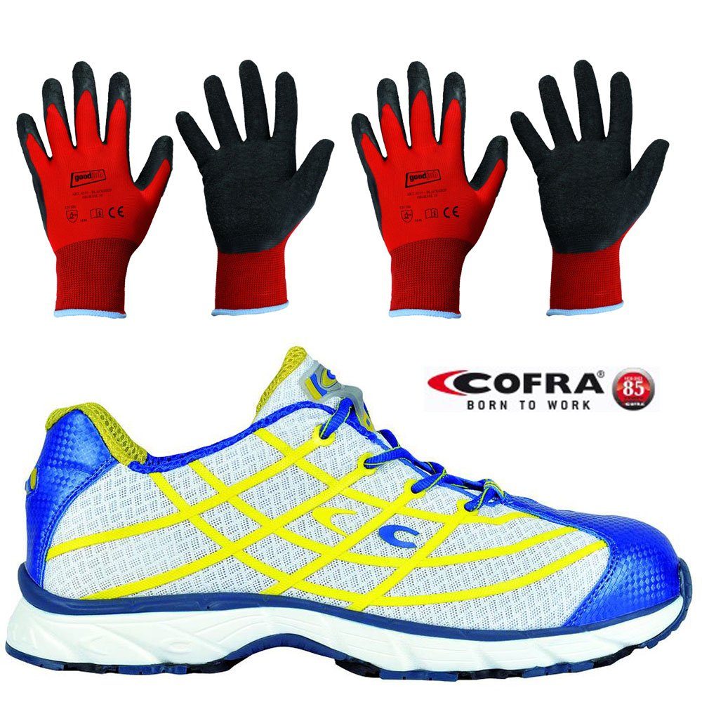 Cofra NEW ALIEN WHITE S1 P SRC Sicherheitsschuh (Set, 2-tlg., 1 Paar Sicherheitsschuhe + 2 Paar Arbeitshandschuhe (Größe 9 + 10) KAPPE: Stahlkappe mit 200 J Zehenschutz
