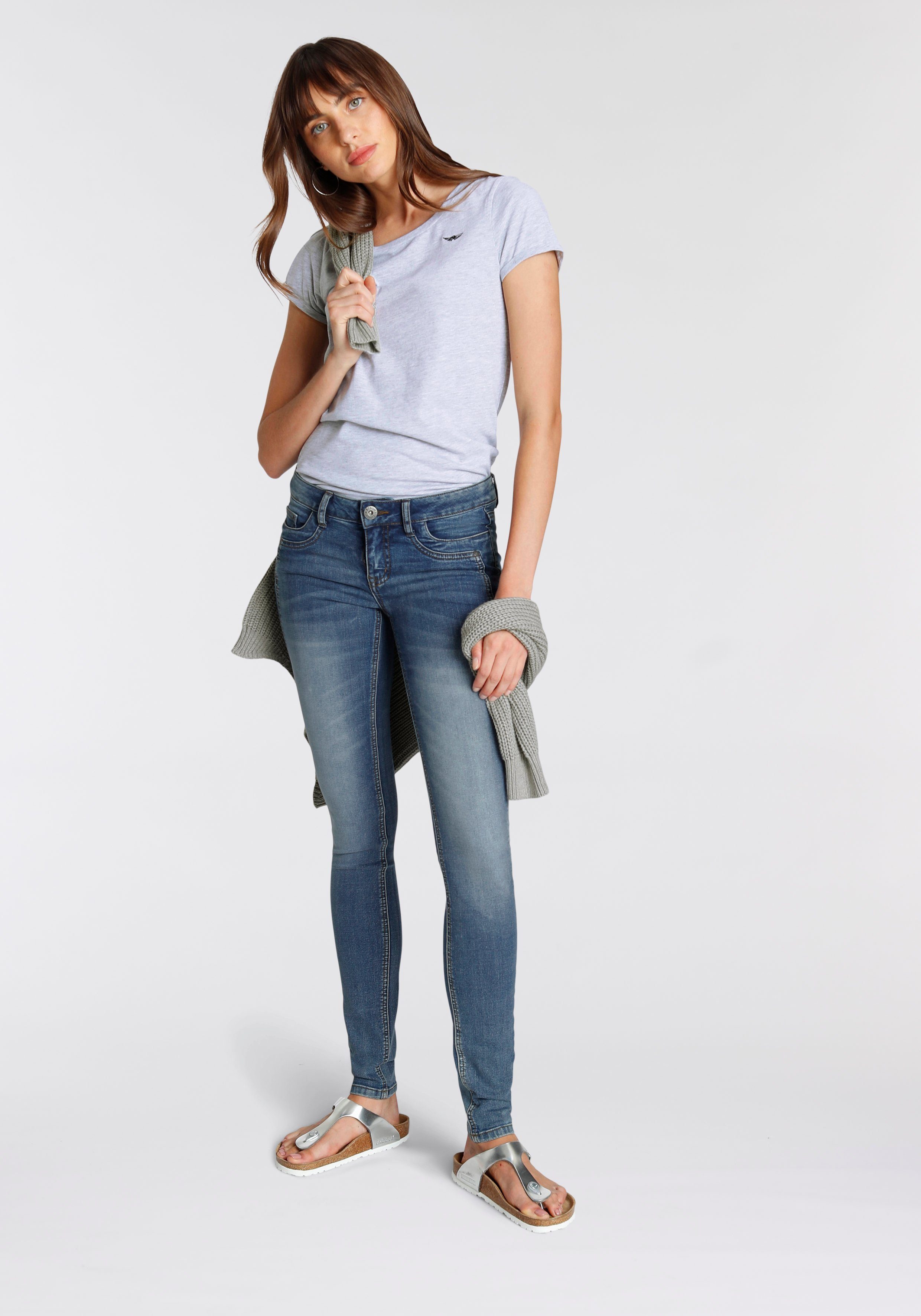 mid-blue-used Skinny-fit-Jeans mit Waist Arizona Low Keileinsätzen