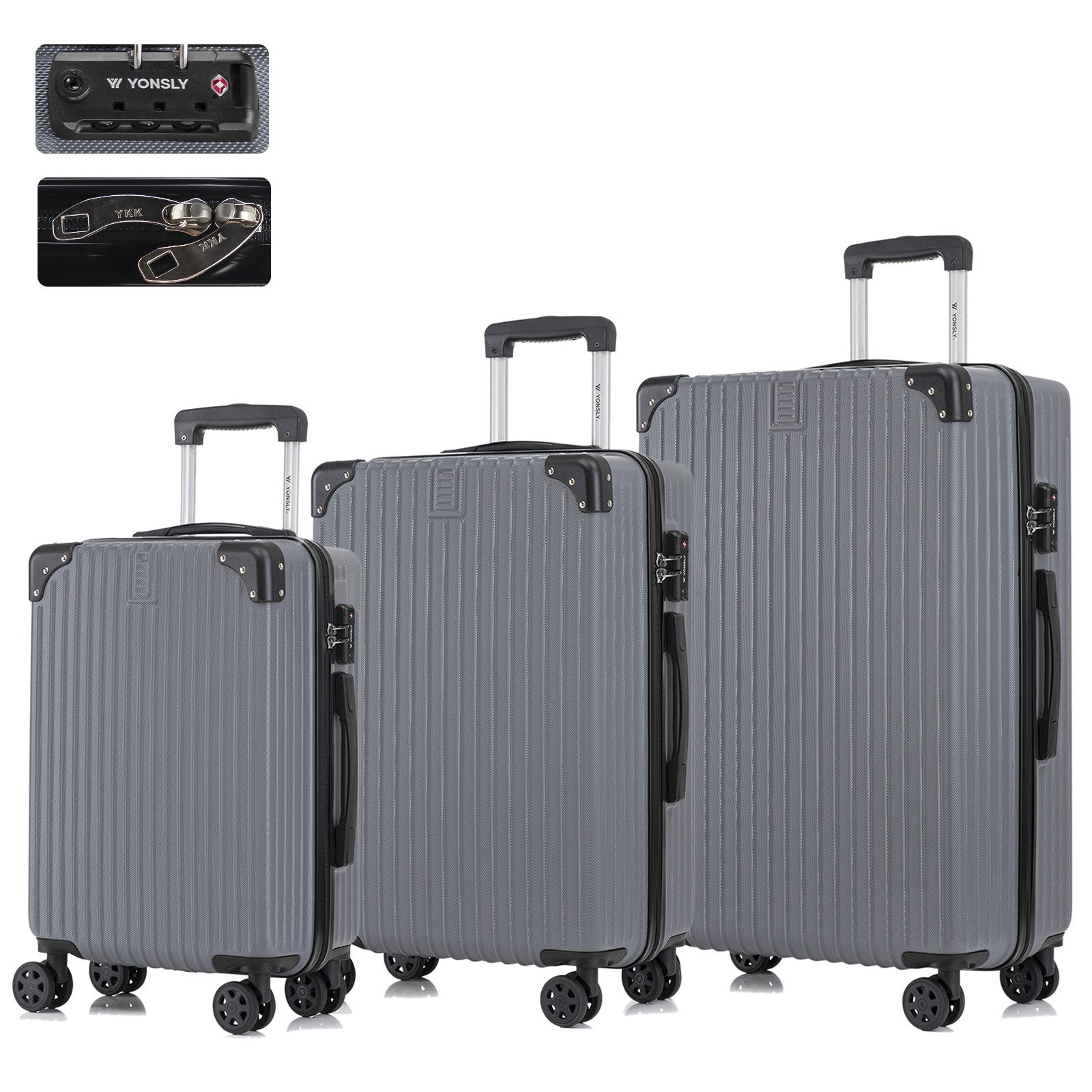 YONSLY Trolleyset Hartschalen Reisekoffer Trolley für Kurztrip, Urlaub und Familie, 4 Rollen, (M-L-XL Set, 3 tlg., Handgepäck-, Reise- und XL-Koffer), mit TSA-Schloss, YKK-Reißverschluss und austauschbaren Rollen