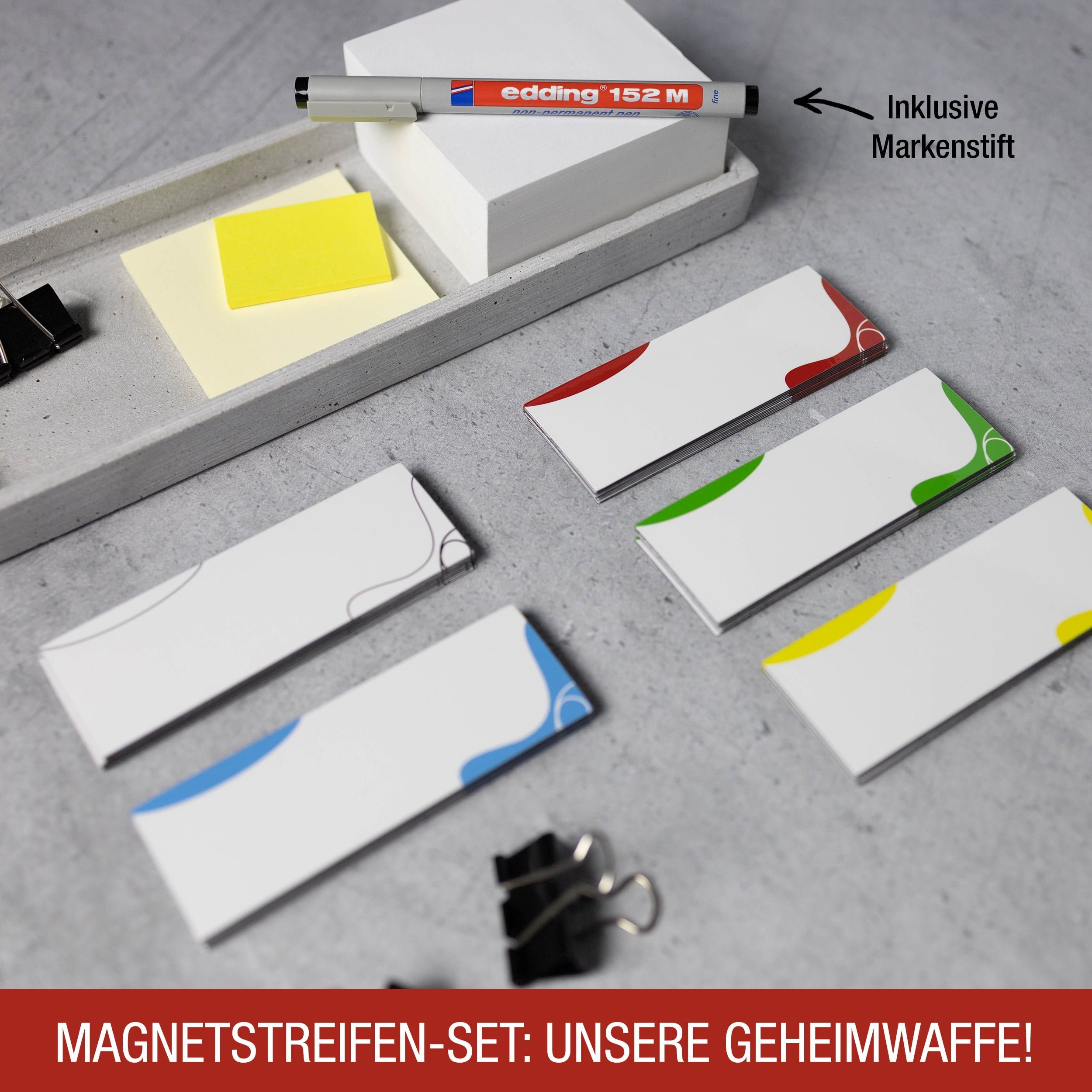 TOBJA Magnettafel 50 Magnetstreifen 110x40mm inkl. Stift, Für Metallregale & Lagersysteme und als Whiteboard Zubehör