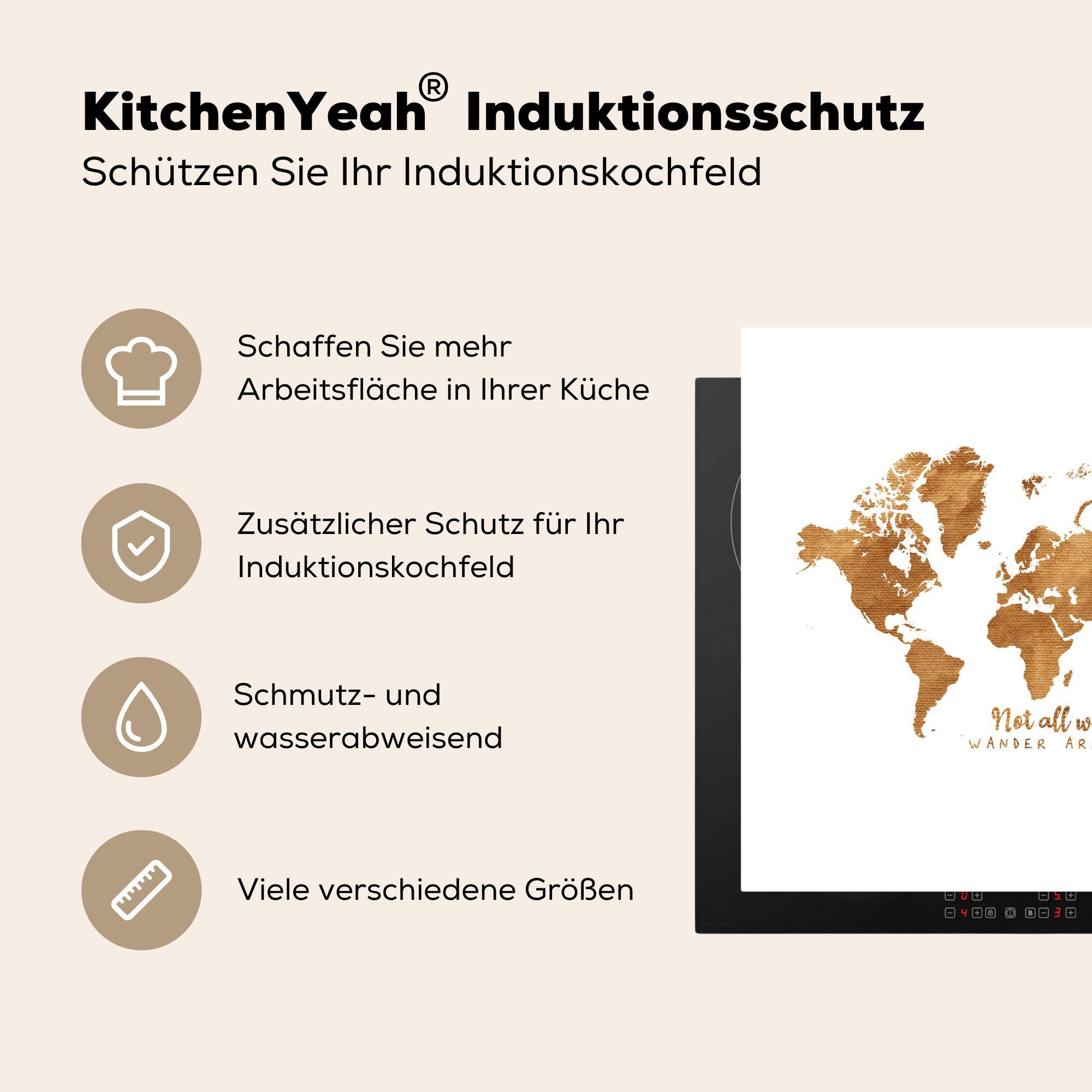 Arbeitsplatte Vinyl, MuchoWow küche Zitat, Ceranfeldabdeckung, 78x78 - für - Weltkarte cm, (1 tlg), Bronze Herdblende-/Abdeckplatte