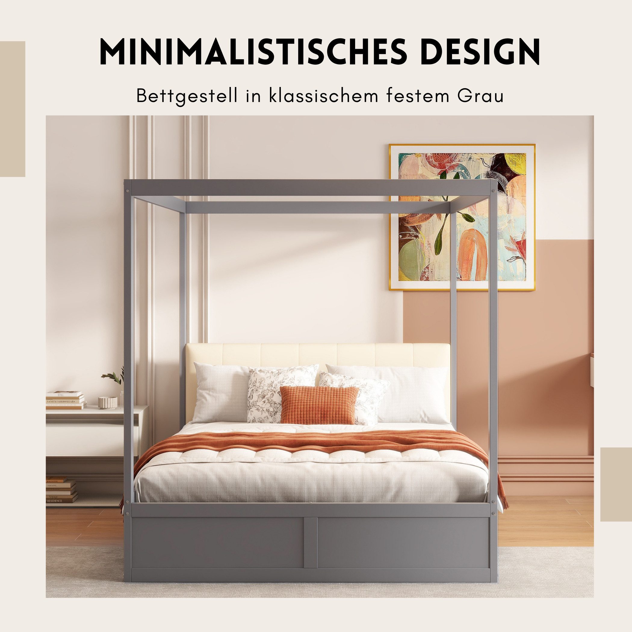 SeedWave Holzbett Modern Himmelbett Doppelbett mit Rückenlehne, 2 Schubladen, 140×200cm, Schubfächer ohne Griffe, mit Oberrahmen zum Aufhängen