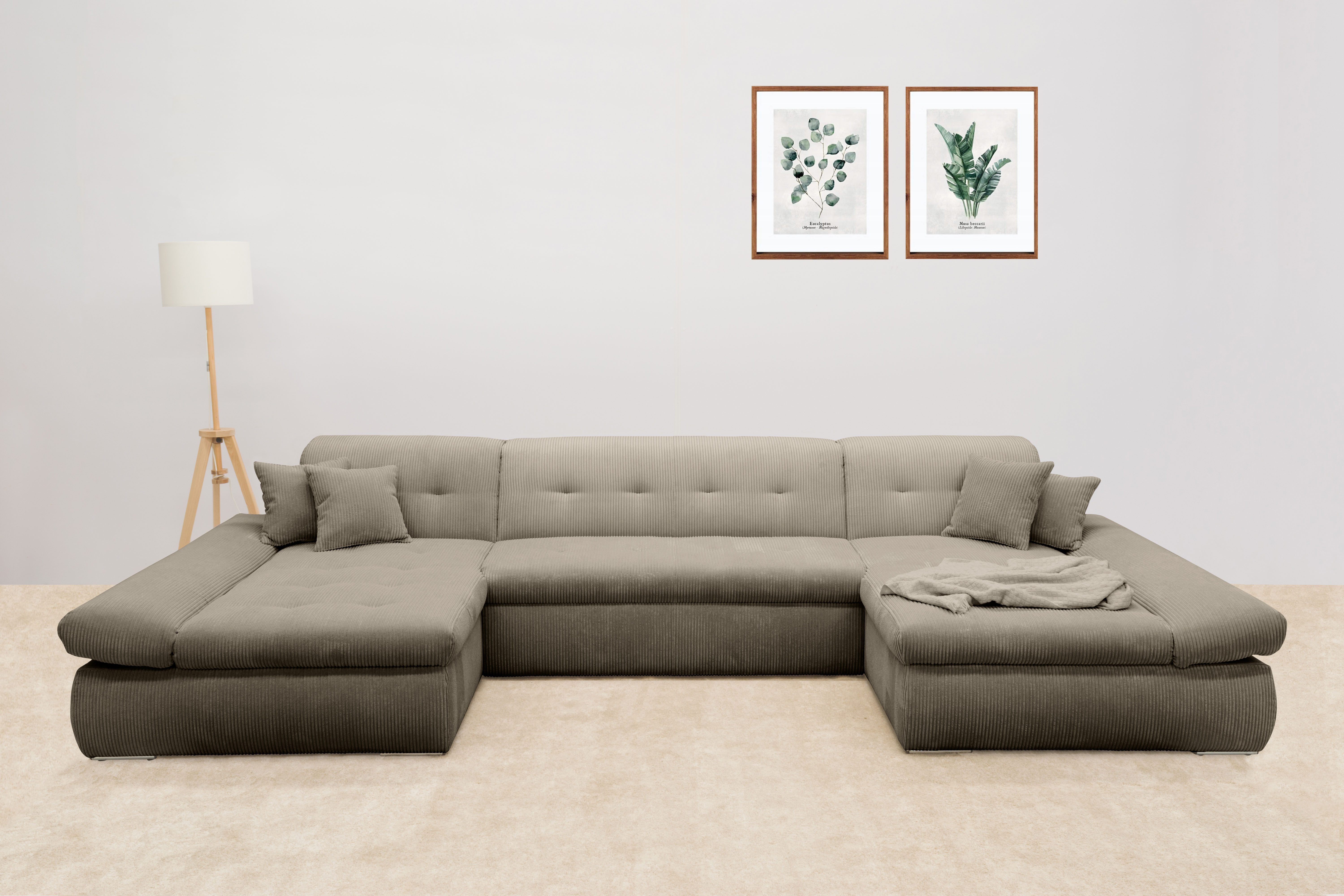 DOMO collection Wohnlandschaft MORIC wahlweise mit Bettfunktion und Armteilverstellung, XXL, U-Form, beidseitig mit Recamiere, incl. Zierkissen, Cord-Bezug