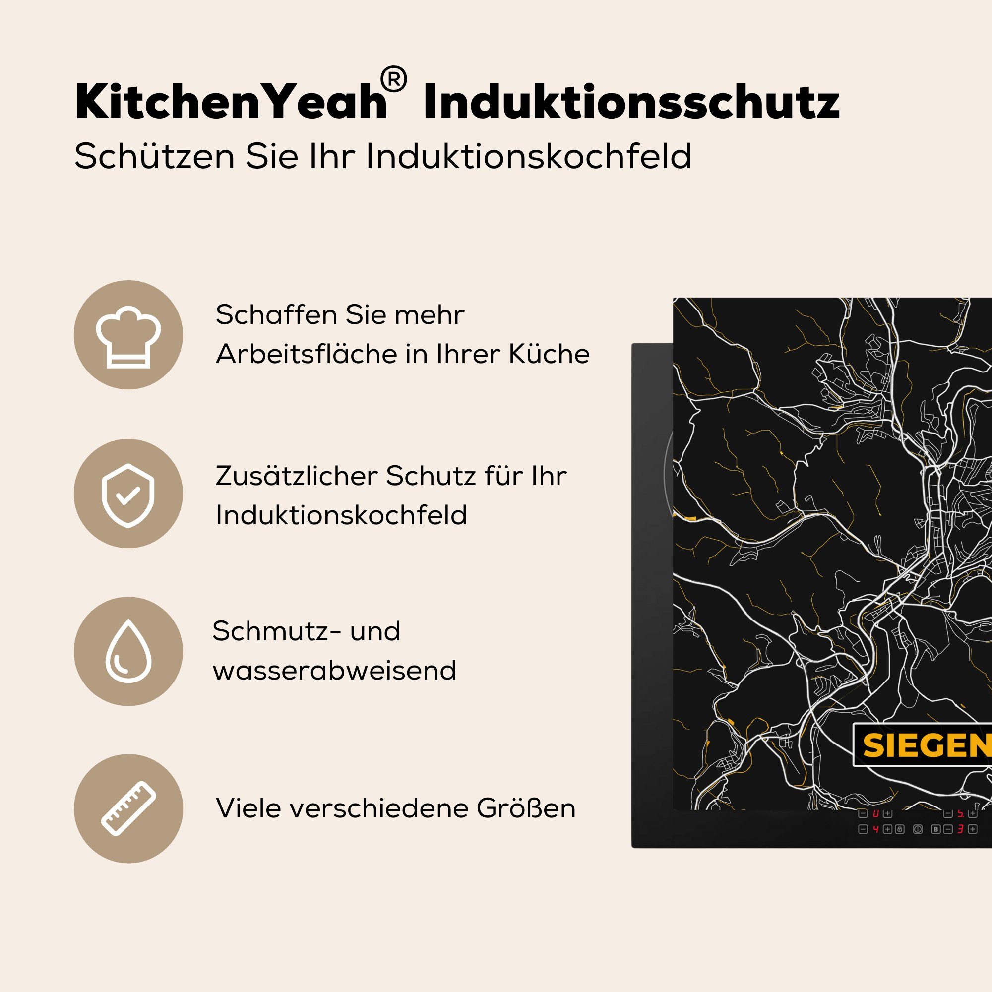 - für Gold (1 cm, Stadtplan Deutschland, tlg), Arbeitsplatte - Herdblende-/Abdeckplatte MuchoWow Siegen 78x78 Karte - Vinyl, - Ceranfeldabdeckung, küche
