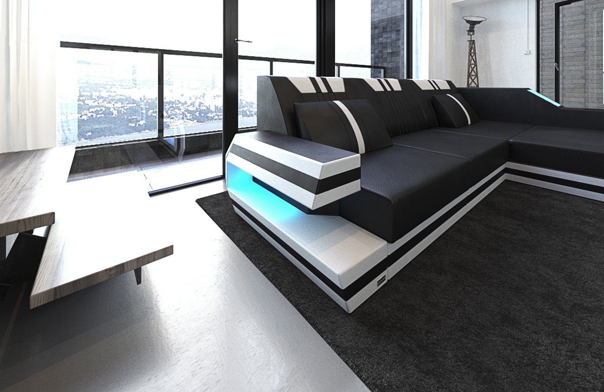Sofa Dreams Ecksofa Ravenna L Form Leder mit Ottomane und USB, Couch, mit LED, wahlweise mit Bettfunktion als Schlafsofa, Designersofa