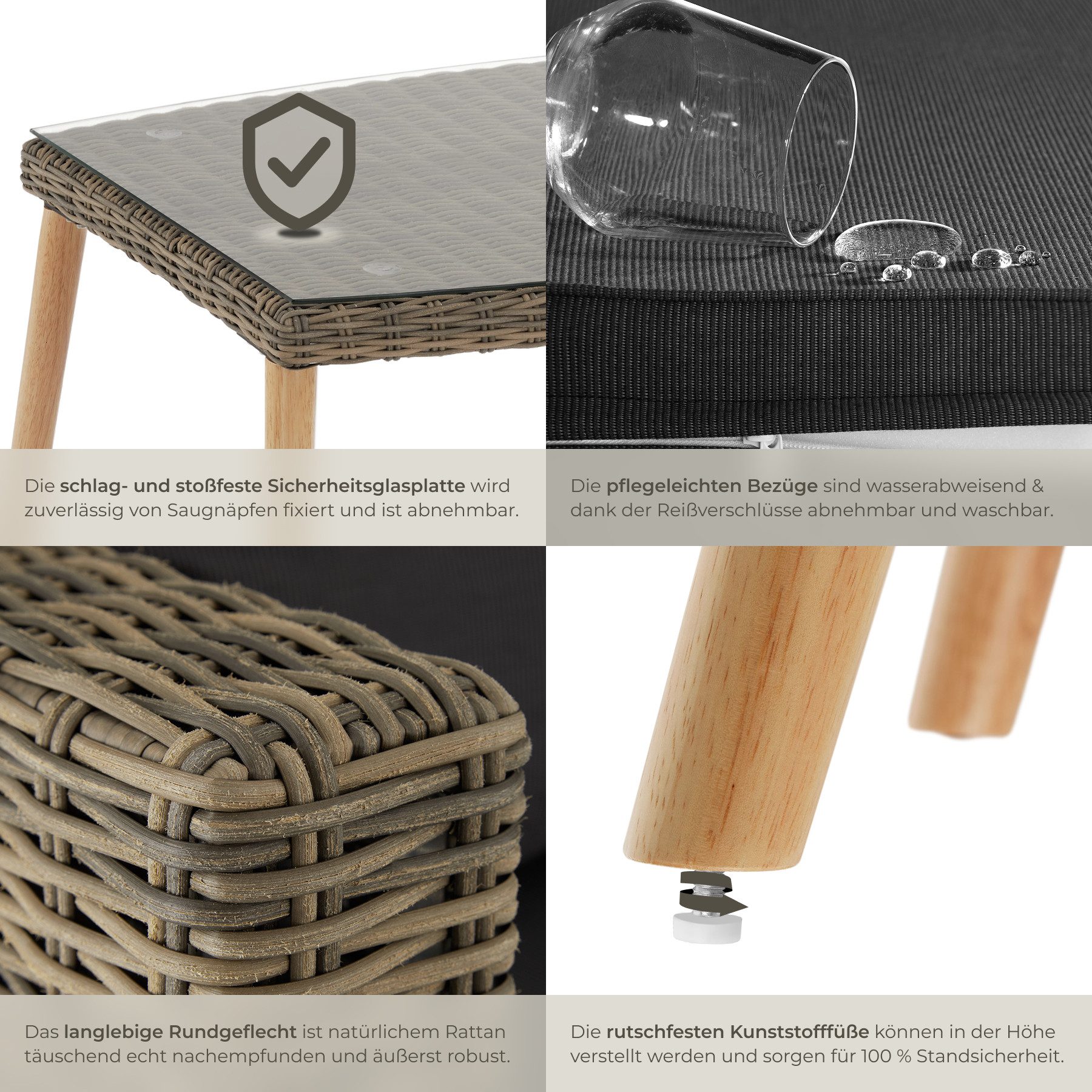 tectake Loungeset Rattan Lounge, (Set., 3-tlg), Stabiles Gestell aus leichtem und rostfreiem Aluminium