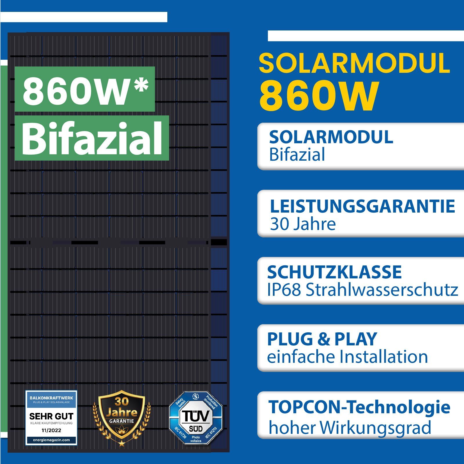Bifaziale Neu Generation EPP.Solar Wechselrichter Deye WIFI 860W mit Balkonkraftwerk Ost-West, 800W Solaranlage PV-Montage Aufständerung Relais