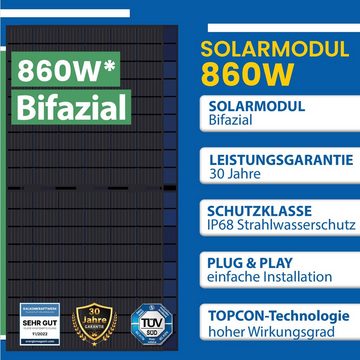 EPP.Solar Solaranlage 860W/800W Balkonkraftwerk inkl Sunpro 430W Bifazial Solarmodule, Monokristalline und Plug & Play Komplettset mit Hoymiles HMS-800-2T Upgradefähiger WLAN Mikrowechselrichter inkl 5m Kabel
