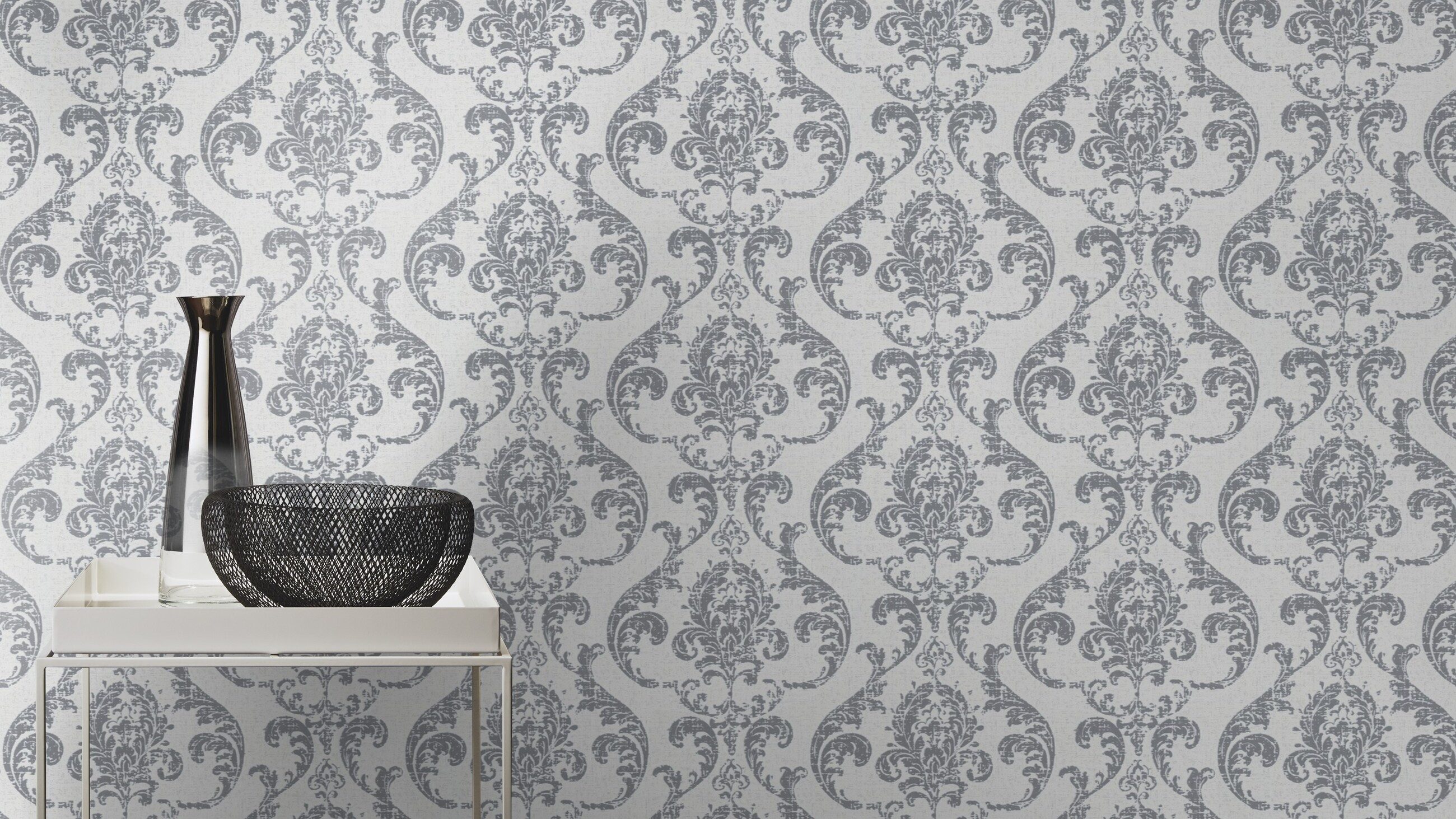 Rasch Vliestapete Barock-Ornamente - Vliestapete Grau, glänzend, Vintage-Optik, (1 Rolle, 1 St., 10,05 m x 0,53 m), Lichtbeständige Farben - Feucht abwischbar - Restlost abziehbar
