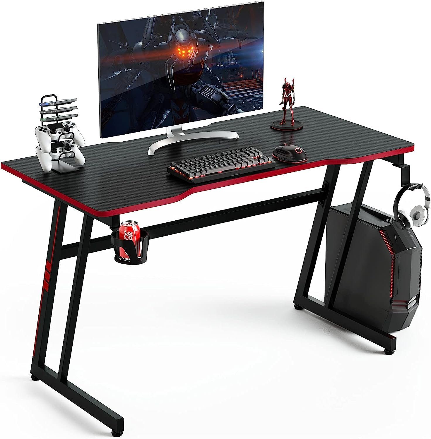 aus × Gamingtisch KOMFOTTEU PC-Tisch Computertisch, Metall, 120 Holz 60 & rot+schwarz cm