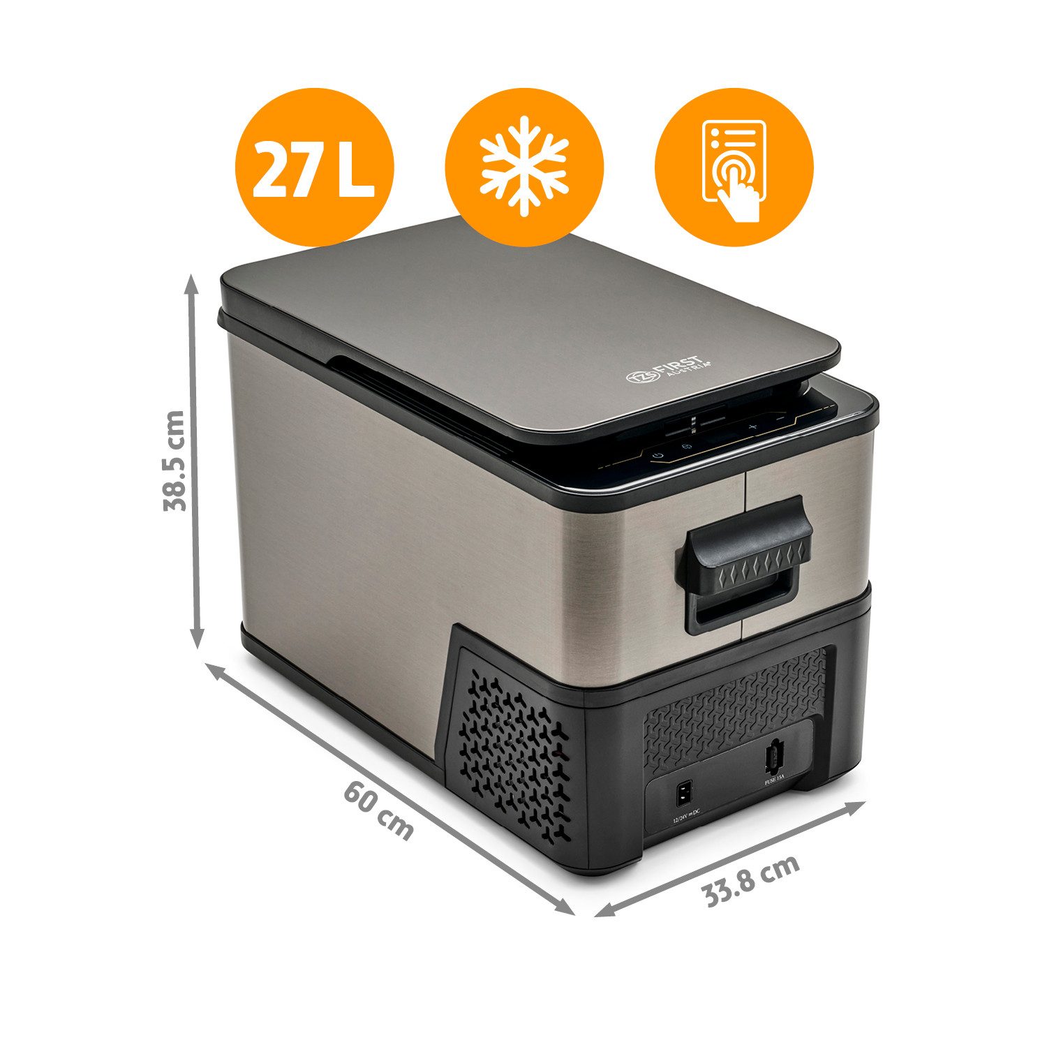 TZS FIRST AUSTRIA Elektrische Kühlbox Kompressor 27L, 12V /230V Anschluss, 12-V-Stecker fürs Auto, für Camping, Festivals, Reisen, mit Kühlfunktion