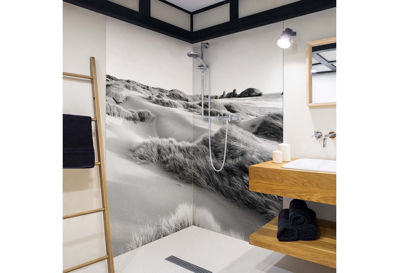 Thumbnail - Bilderdepot24 Badrückwand Strand schwarz weiß Duschrückwand ohne Bohren Dusche Natur, (Hartfolie matt » Selbstklebend SM...