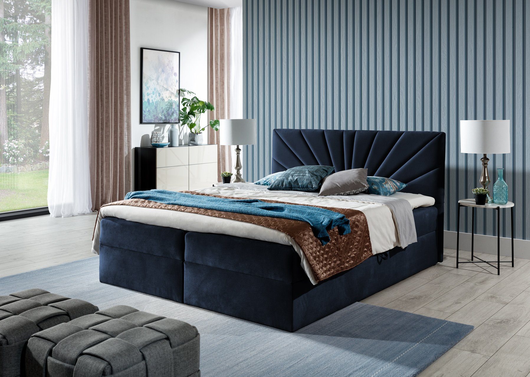 Fun Möbel Boxbett Schlafzimmerbett CARERRA in Stoff Dunkelblau (1-St., inkl. Kaltschaumtopper, inkl. Bettkasten)