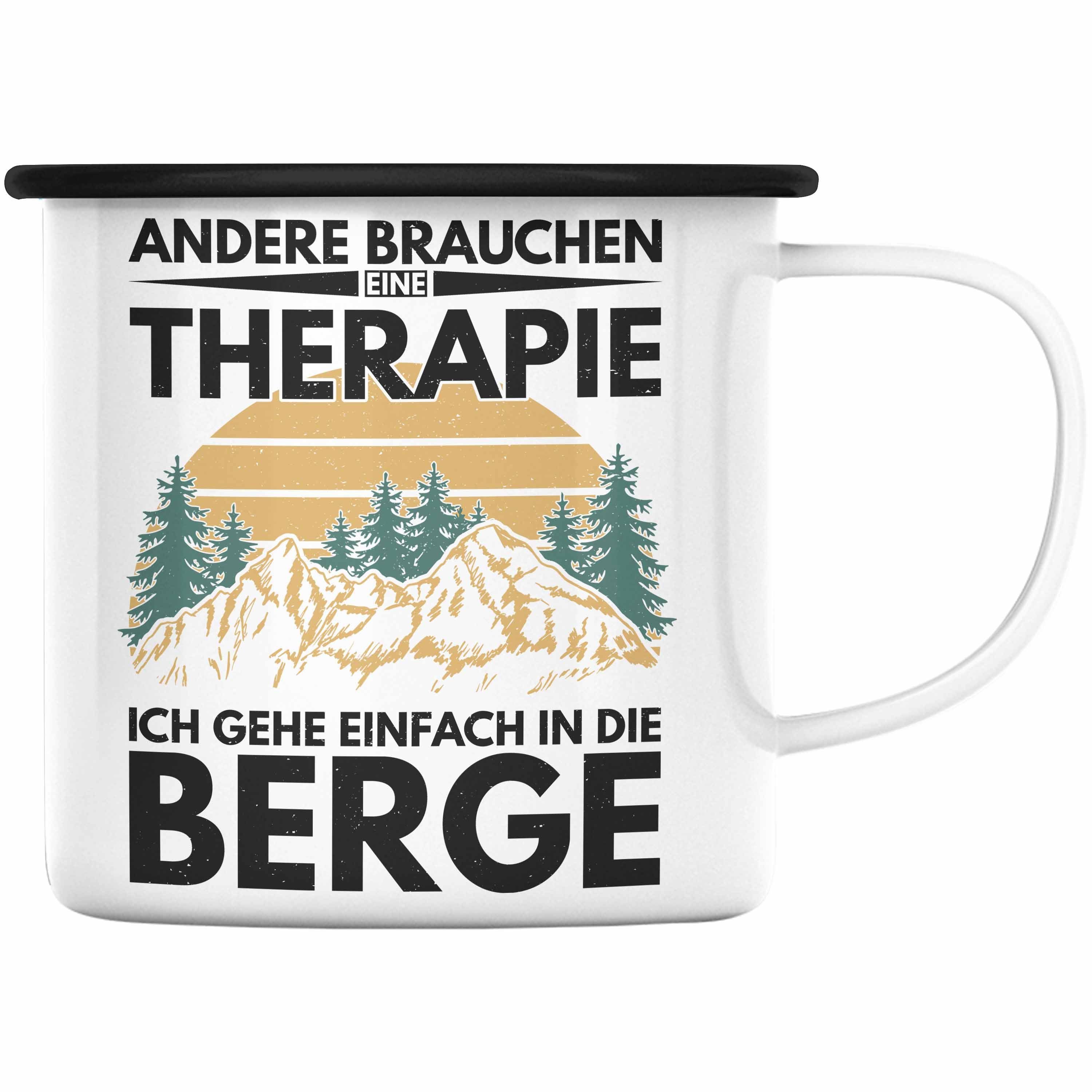 Trendation Thermotasse Trendation - Berge Emaille Tasse Geschenk Therapie Lustig Spruch Wandern Klettern Trekking Schwarz