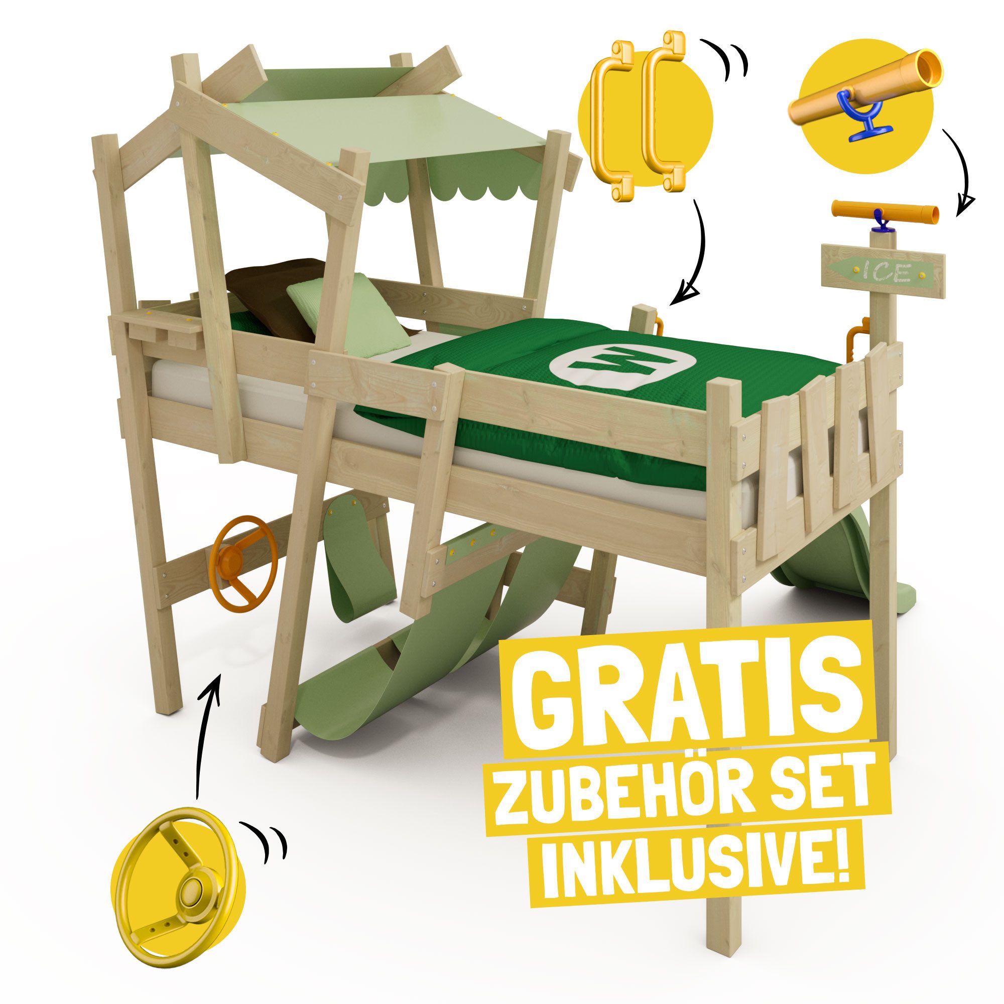 Wickey Kinderbett CrAzY Snuggy Massivholz-Hochbett mit Leiter, Lenker & Rut günstig online kaufen