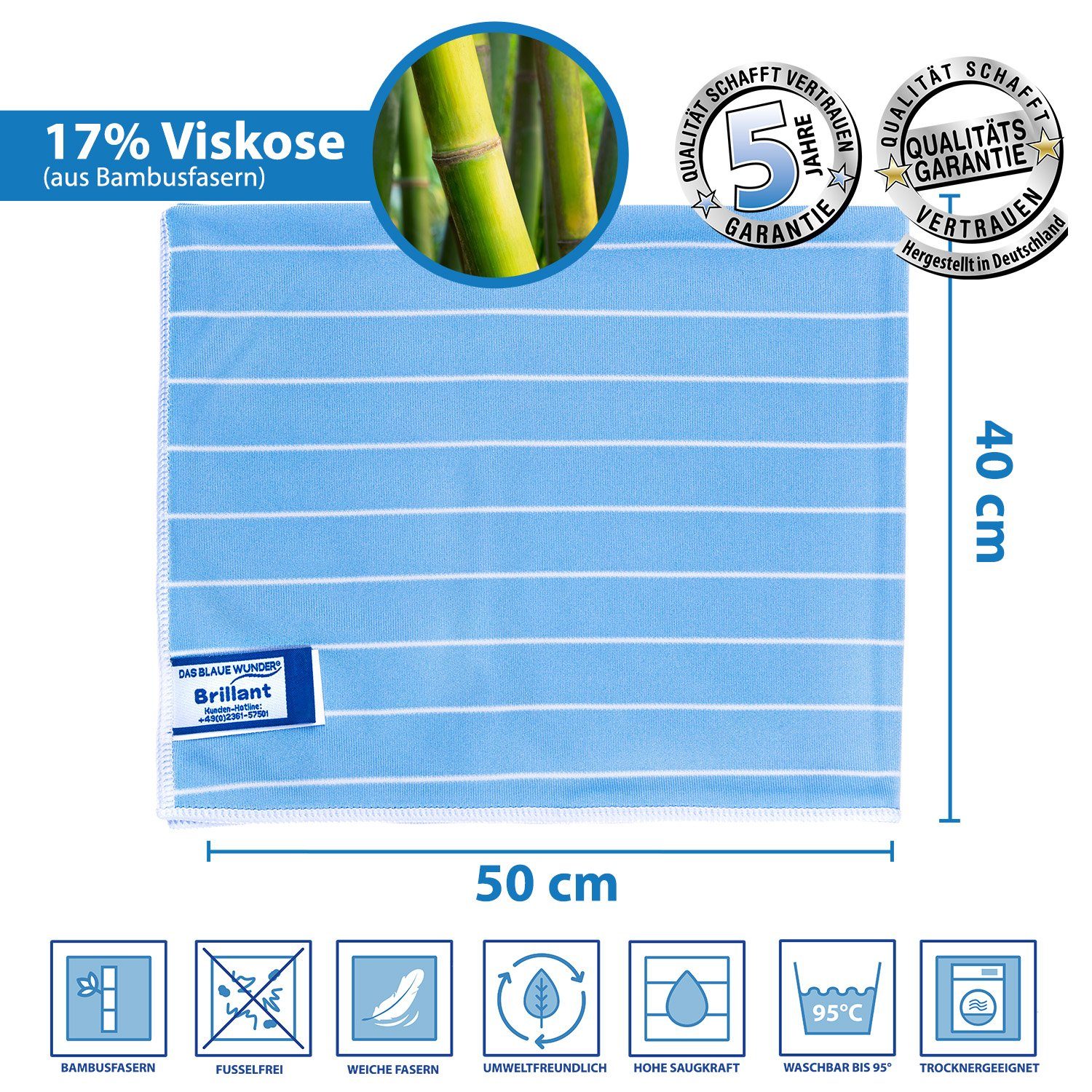 Das Blaue Wunder® BRILLANT Putztücher mit Bambusfasern, streifen- und fusselfreie Reinigungstücher (5er-Set 40x50cm, Reinigen und Trocknen auf Glas- und Spiegelflächen)