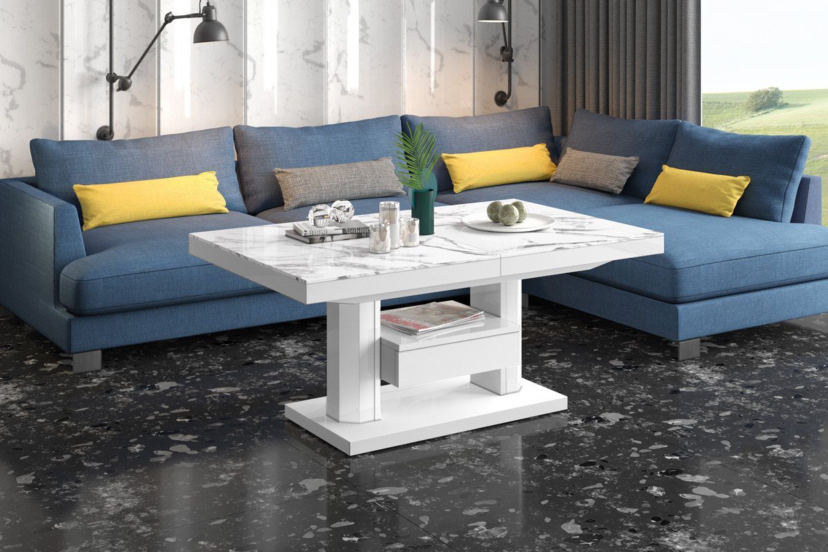 designimpex Couchtisch Design Tisch HM-120 Hochglanz stufenlos höhenverstellbar ausziehbar Marmor Natur Hochglanz - Weiß Hochglanz