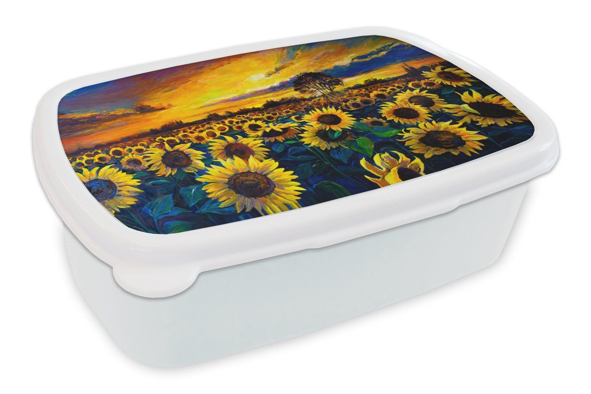 MuchoWow Lunchbox Gemälde - Ölfarbe - Blumen - Sonnenblume, Kunststoff, (2-tlg), Brotbox für Kinder und Erwachsene, Brotdose, für Jungs und Mädchen weiß
