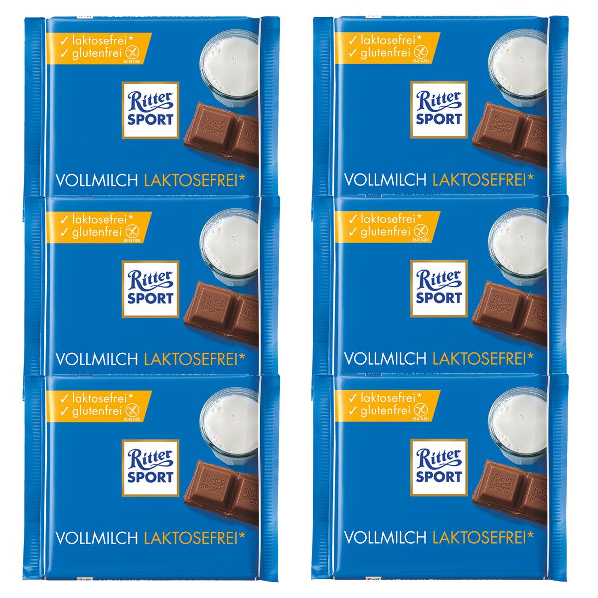 Ritter SPORT Schokolade, Ritter Sport Vollmilch Schokolade Laktose und Glutenfrei 100g 6er Pack