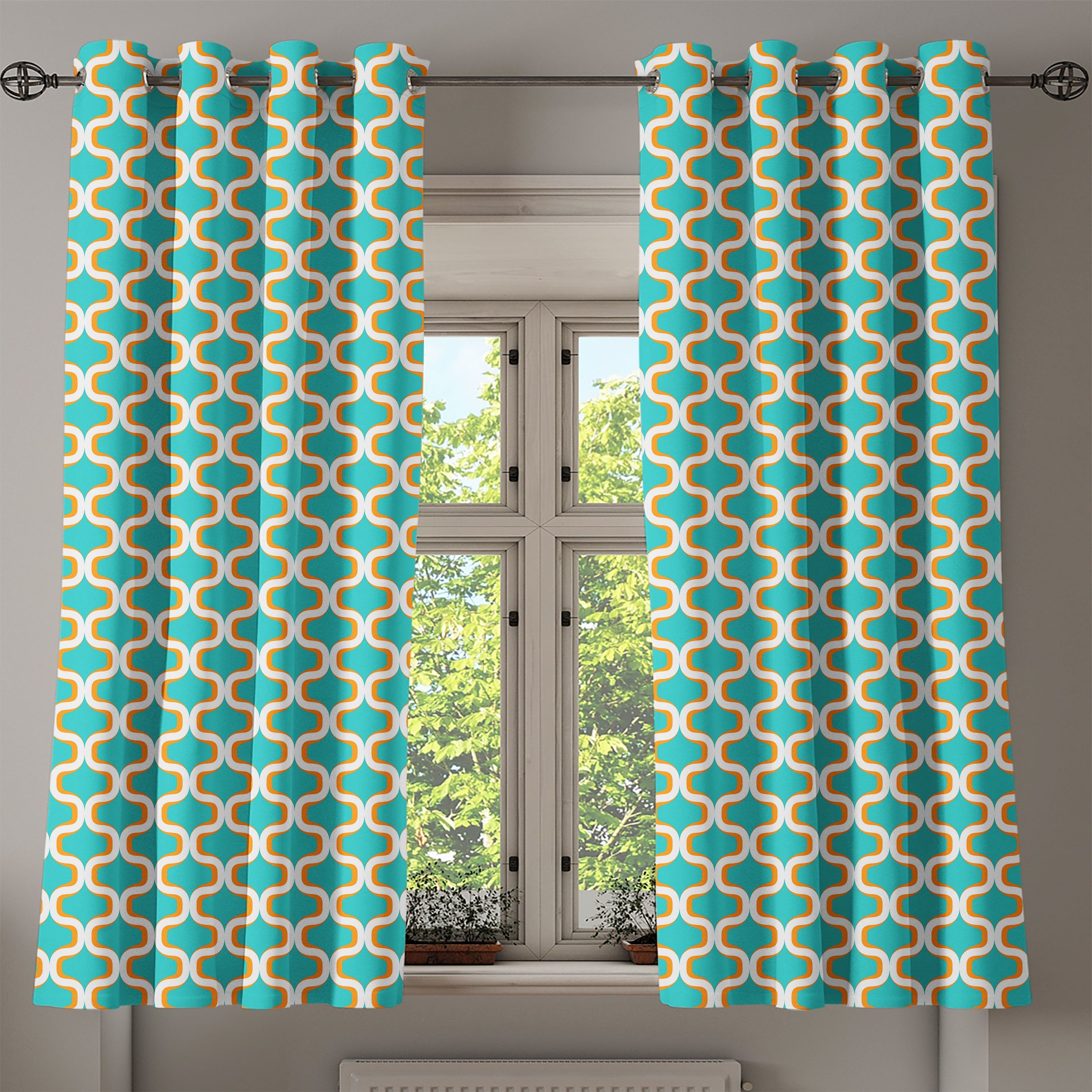 Schlafzimmer Retro-Formular Geometrisch Gardine Jahre für 2-Panel-Fenstervorhänge Dekorative Siebziger Wohnzimmer, Abakuhaus,