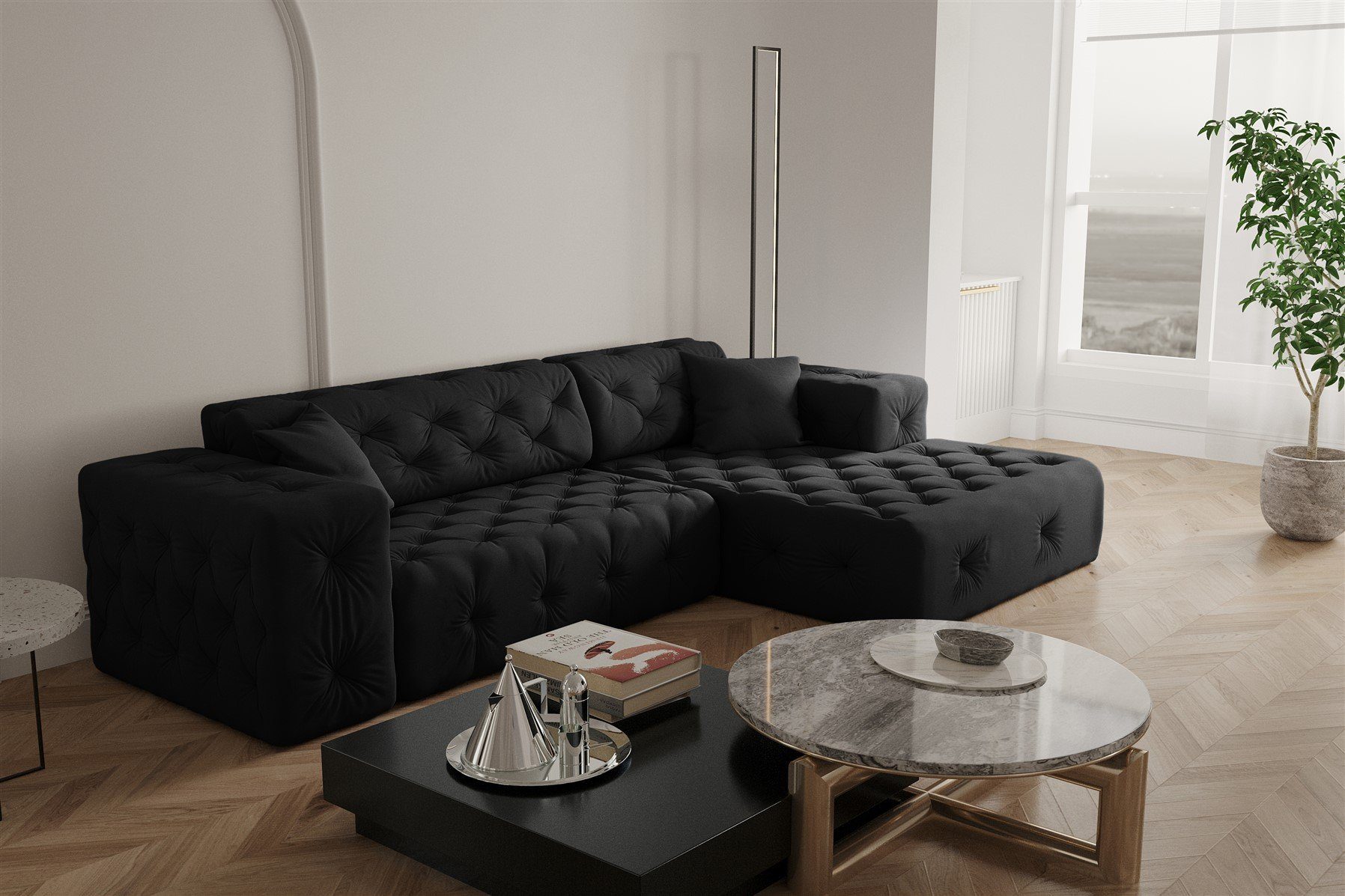 Fun Möbel Ecksofa Ecksofa Designersofa CHANTAL in Stoff Opera Velvet, mane Links oder Rechts, incl. 2 Zierkissen Schwarz