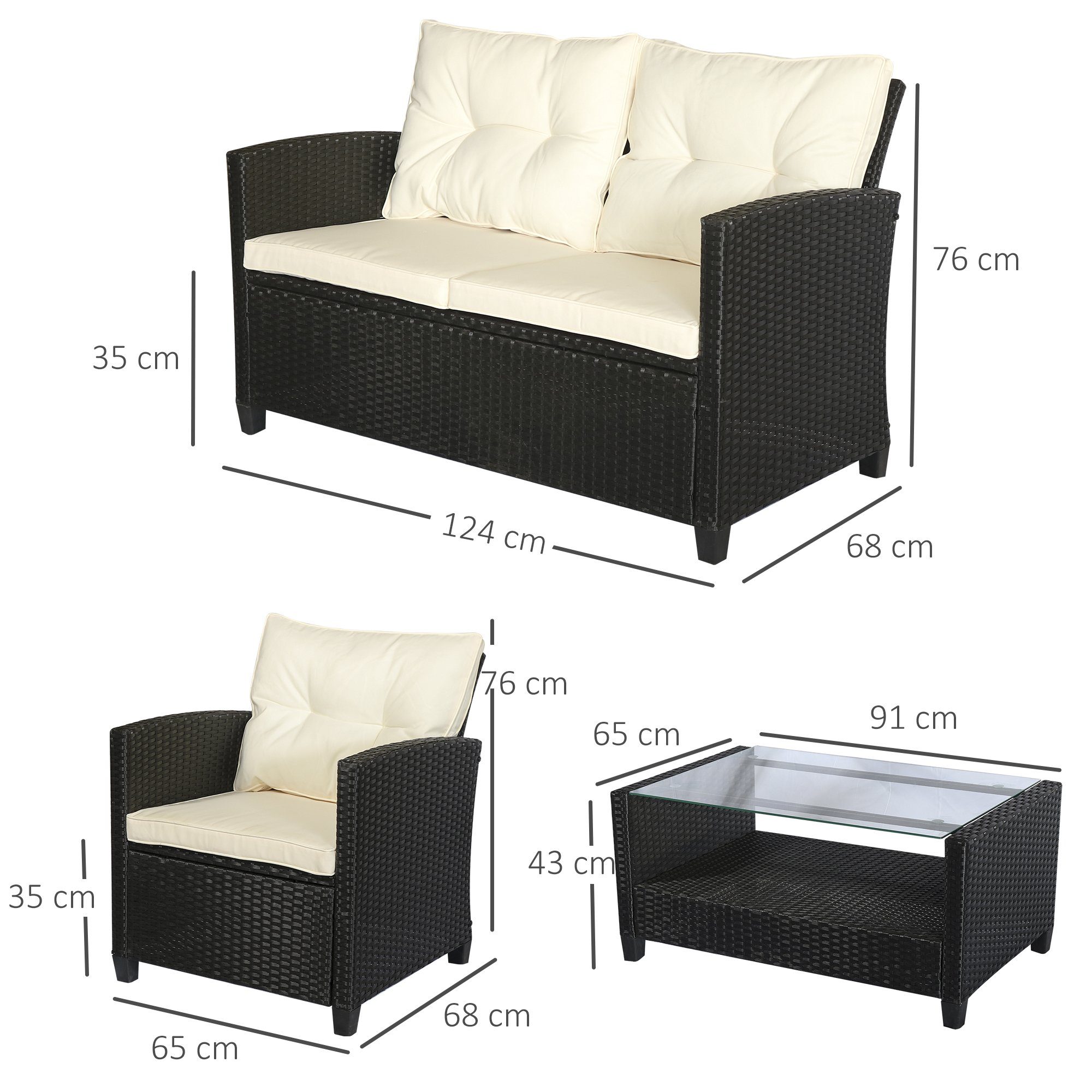 Outsunny Sitzgruppe Polyrattan Sitzgarnitur 4 TLG., (Gartenset, 4-tlg., Sitzgruppe), Metall Luxus Schwarz 124L x 68B x 76H cm