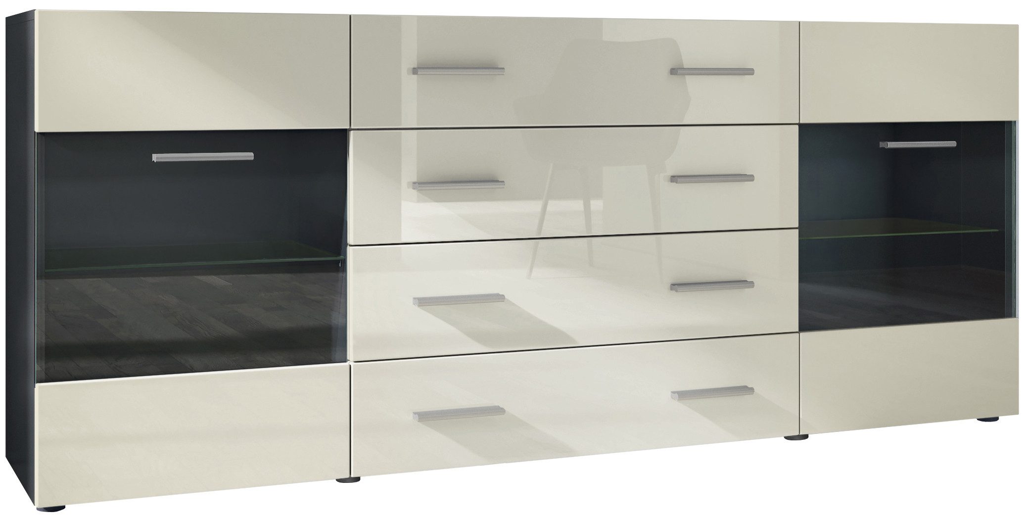 Vladon Sideboard Carlos V2 (Kommode mit 2 Türen, 4 Schubladen und 2 flexible Glaseinlegeböden), Schwarz matt/Creme Hochglanz (166 x 72 x 35)