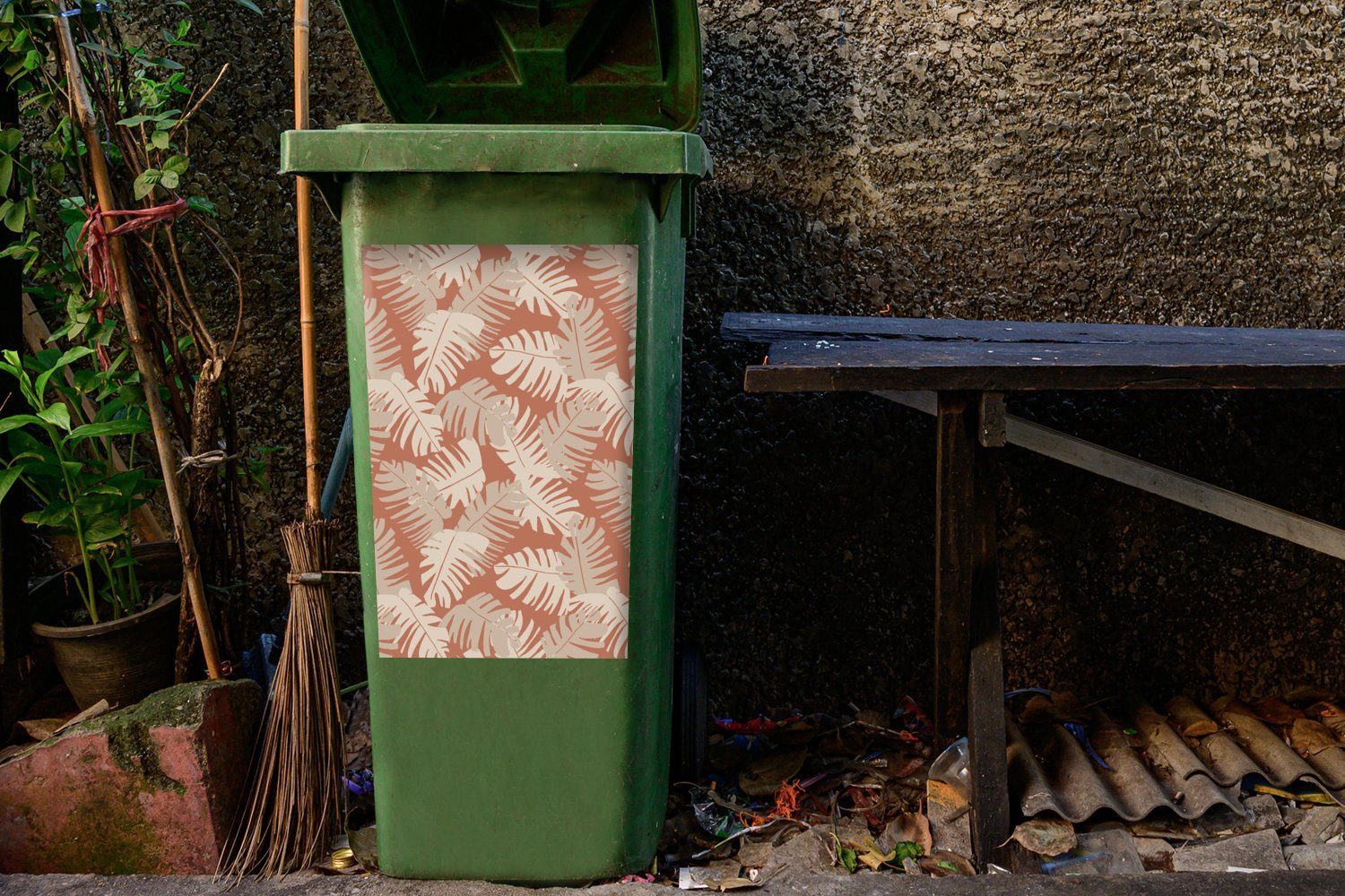 MuchoWow Mülltonne, Container, Abfalbehälter Wandsticker Blätter Braun Mülleimer-aufkleber, Sticker, - (1 Muster St), Sommer - -