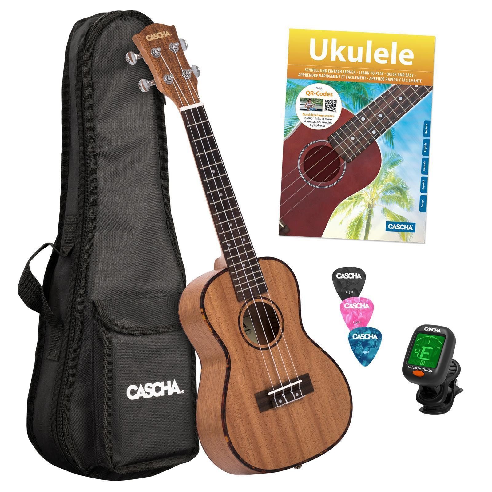 Cascha Ukulele Premium Mahagoni, Bundle, komplett mit Tasche, Buch und Plektren