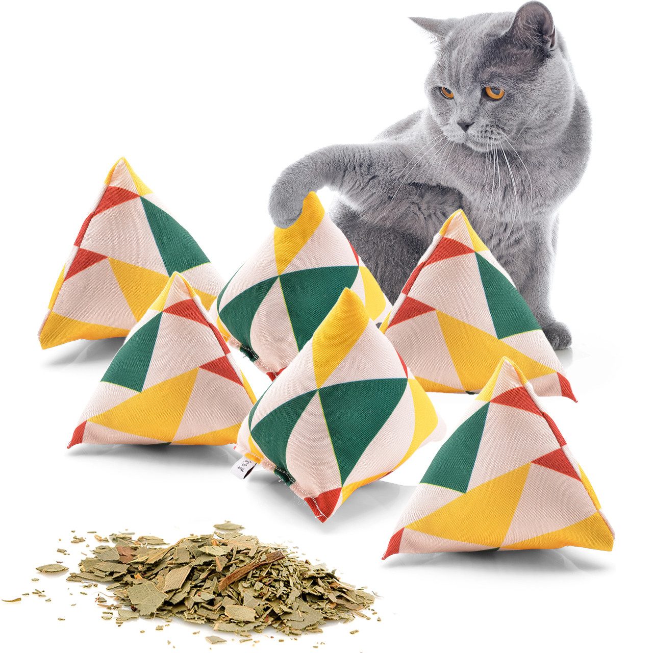 Canadian Cat Company Raschelkissen Katzen Schmusekissen Schmuse-Pyramide XXL, 6er Set Reggae Triangle Design, Katzenkissen mit Katzenminze