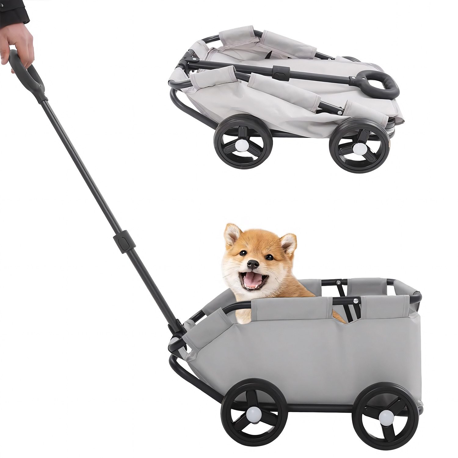 HEYHIPPO Hundebuggy Hundebuggy bis 10kg—faltbar,grau,Oxford, mit Sicherheitsclip & Tasche, (Packung), Vierrädrig, stabiler Lauf & verstellbare Zugstange – für kleine Hunde