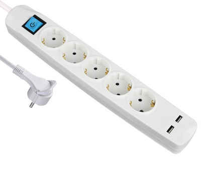 ARLI 5x Steckdosen + 2x USB Ladebuchsen Steckdosenleiste 7-fach (Ein- / Ausschalter, Schutzkontaktstecker, EIN / AUS Schalter, Kindersicherung, Kabellänge 1.5 m), flacher Winkelstecker