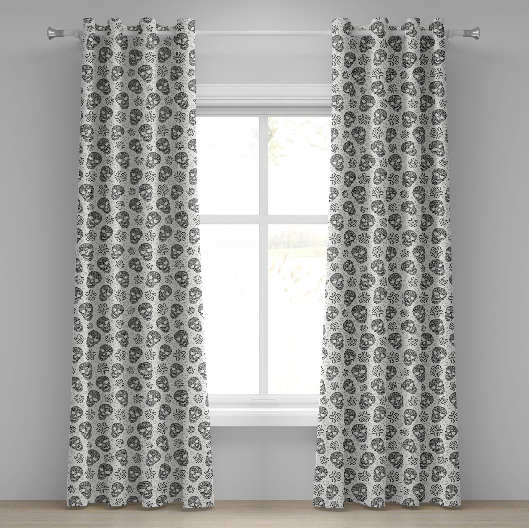 Gardine Dekorative 2-Panel-Fenstervorhänge für Schlafzimmer Wohnzimmer, Abakuhaus, Schwarz und weiß abstrakte Schädel