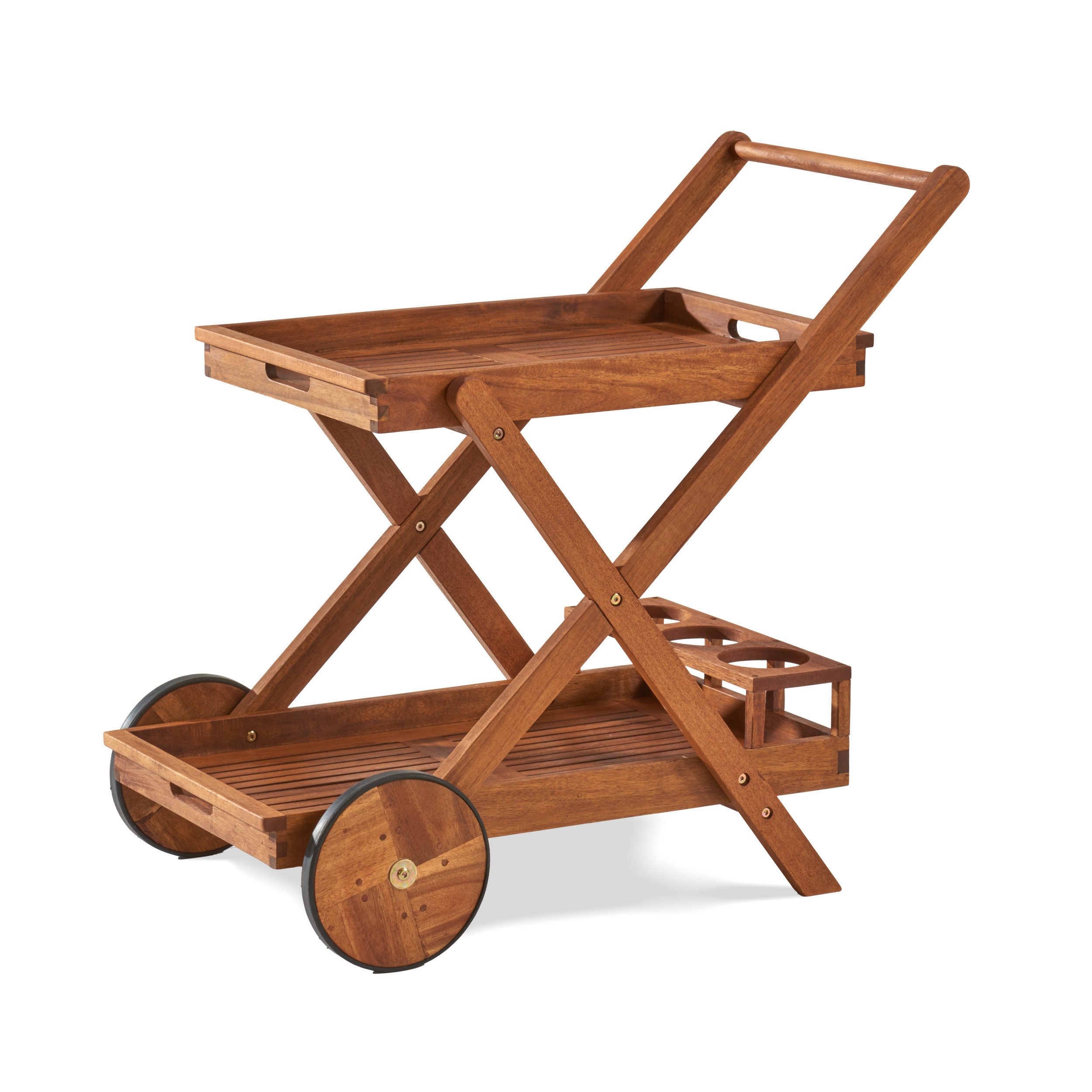 KHG Servierwagen aus Akazie-Massivholz braun auf Rollen, (Servierwagen mit 2 Ablagen, obere als Tablett nutzbar, Flaschenhalter, wetterfest geölt 51x76x81,5 cm)