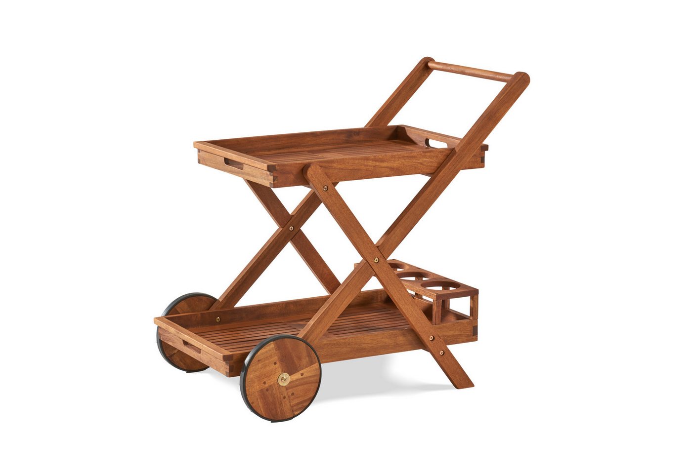 KHG Servierwagen aus Akazie-Massivholz braun auf Rollen, (Servierwagen mit 2 Ablagen, obere als Tablett nutzbar, Flaschenhalter, wetterfest geölt 51x76x81,5 cm)