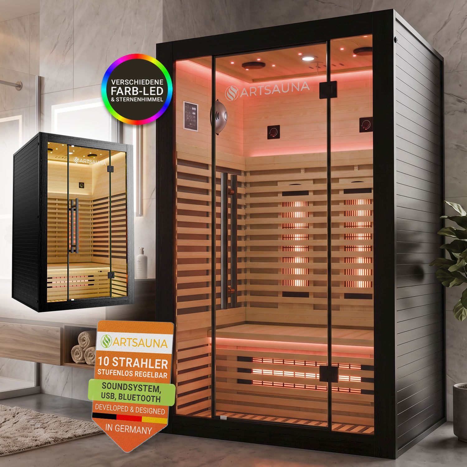 Artsauna Infrarotkabine Trondheim 120 in Schwarz für 2 Personen, 120 x 105 x 190 cm mit 2200 W, Wärmekabine aus Hemlockholz mit 10 Strahlern, Sternenhimmel & App