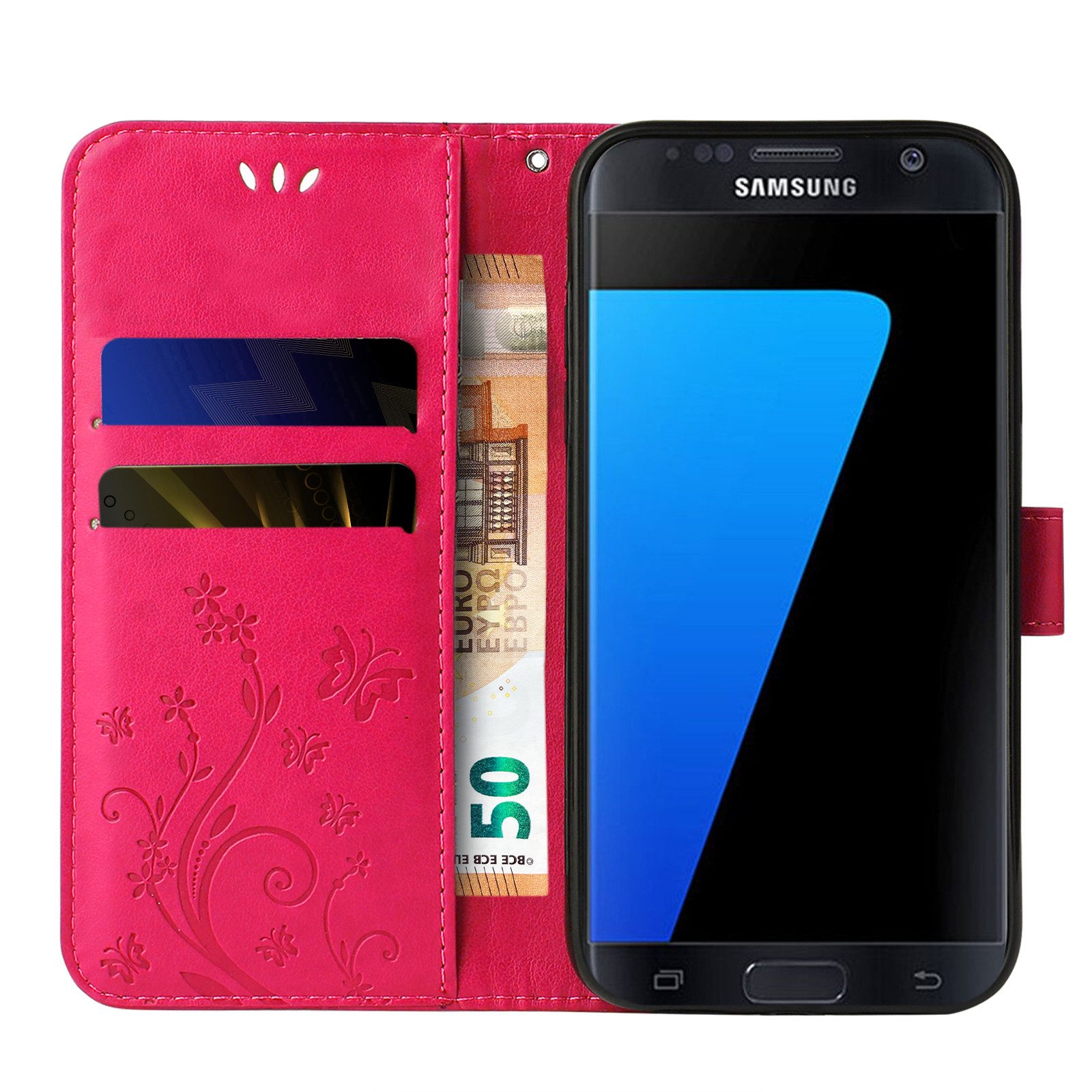 Tec-Expert Handyhülle Cover Tasche Hülle für Samsung Galaxy S7 5,1 Zoll, Klapphülle Case mit Kartenfach Fliphülle aufstellbar, Motiv Blumen