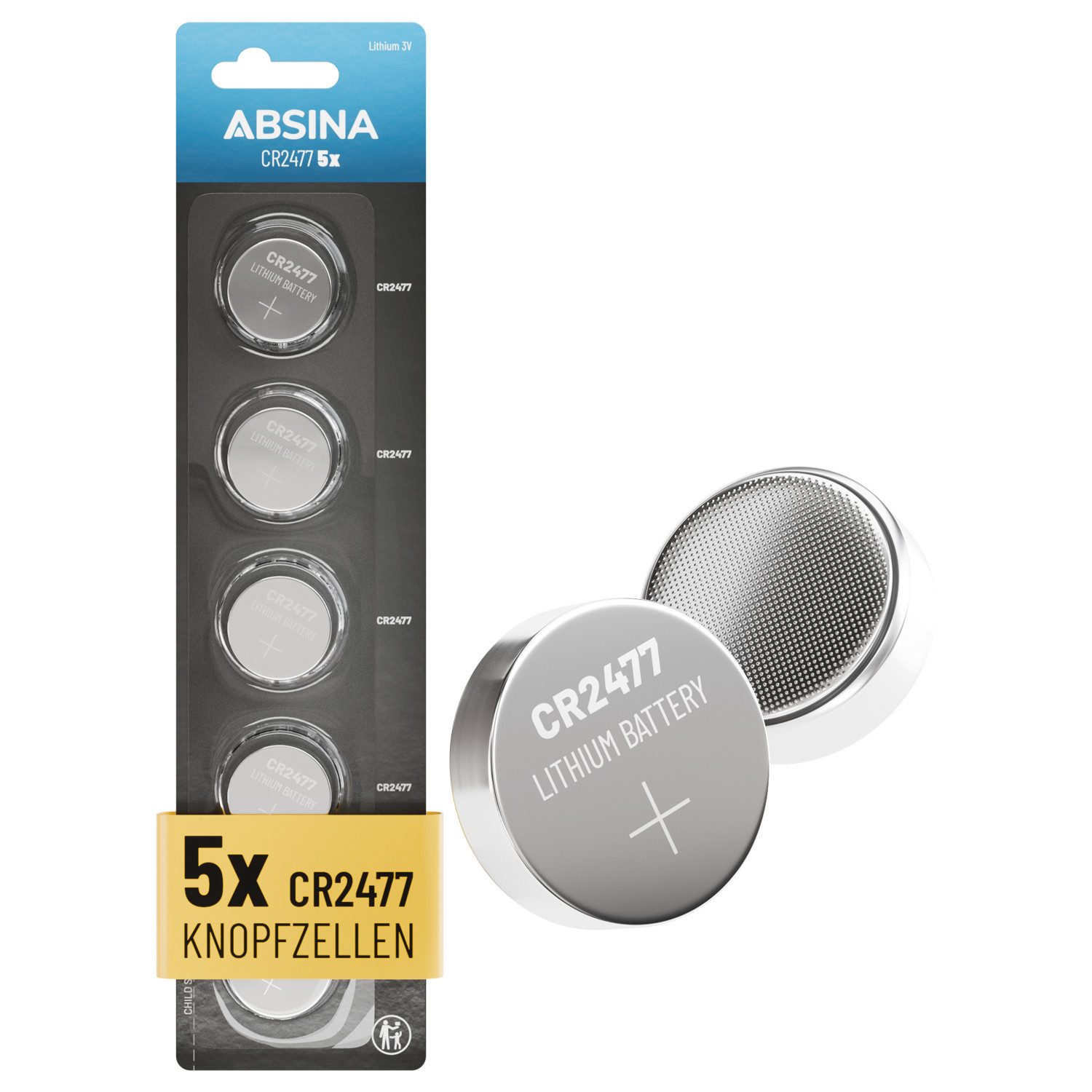 ABSINA 5x CR2477 3V Lithium Knopfzelle - CR 2477 Lithium Knopfzelle 3V Knopfzelle, (5 St)
