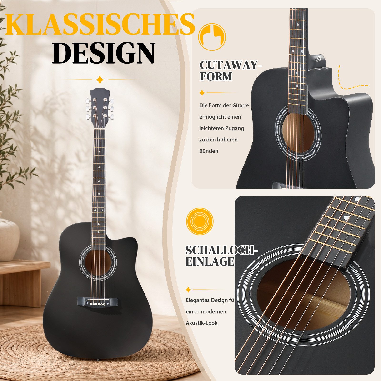LALAHO Akustikgitarre 41 Inch Hartholz Cutaway mit Griffbrett,Konzertgitarre Westerngitarren, Set inkl. Tasche, Ersatzsaiten, Gurt und Plektren – Bild 5 von 5