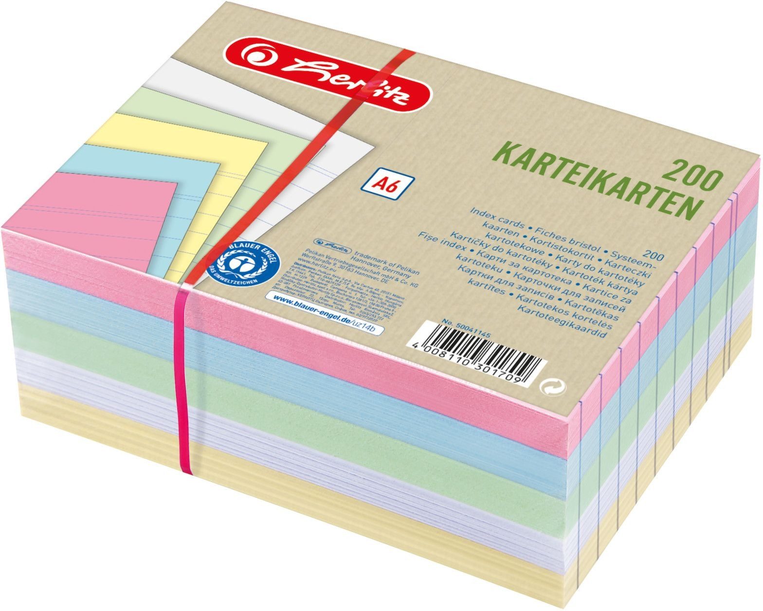 Herlitz Karteikarten Karteikarten A6 liniert 180g/qm farbig sortiert VE=100 Stück (8 Stück)
