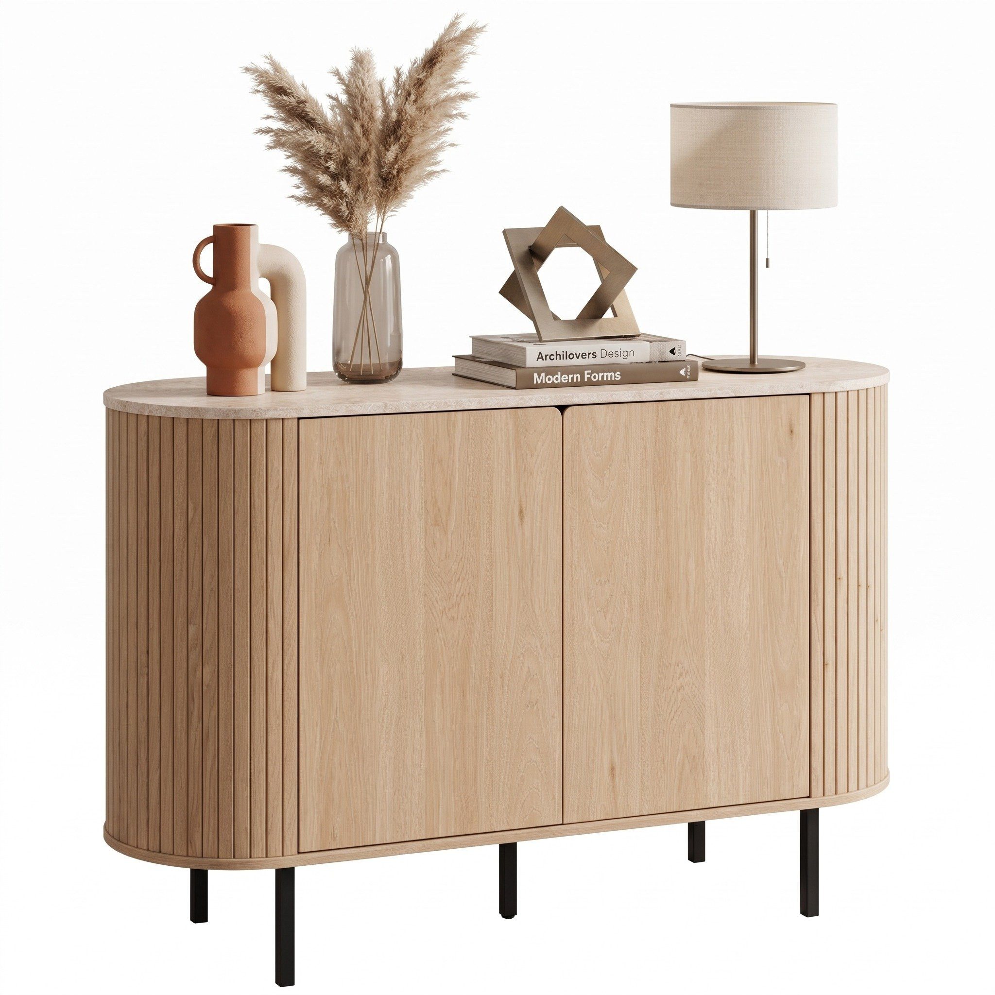 Newroom Kommode Eiche Travertin-Optik 120 cm, Sideboard Anrichte mit 2 Türen, Push-to-open und Metallfüßen