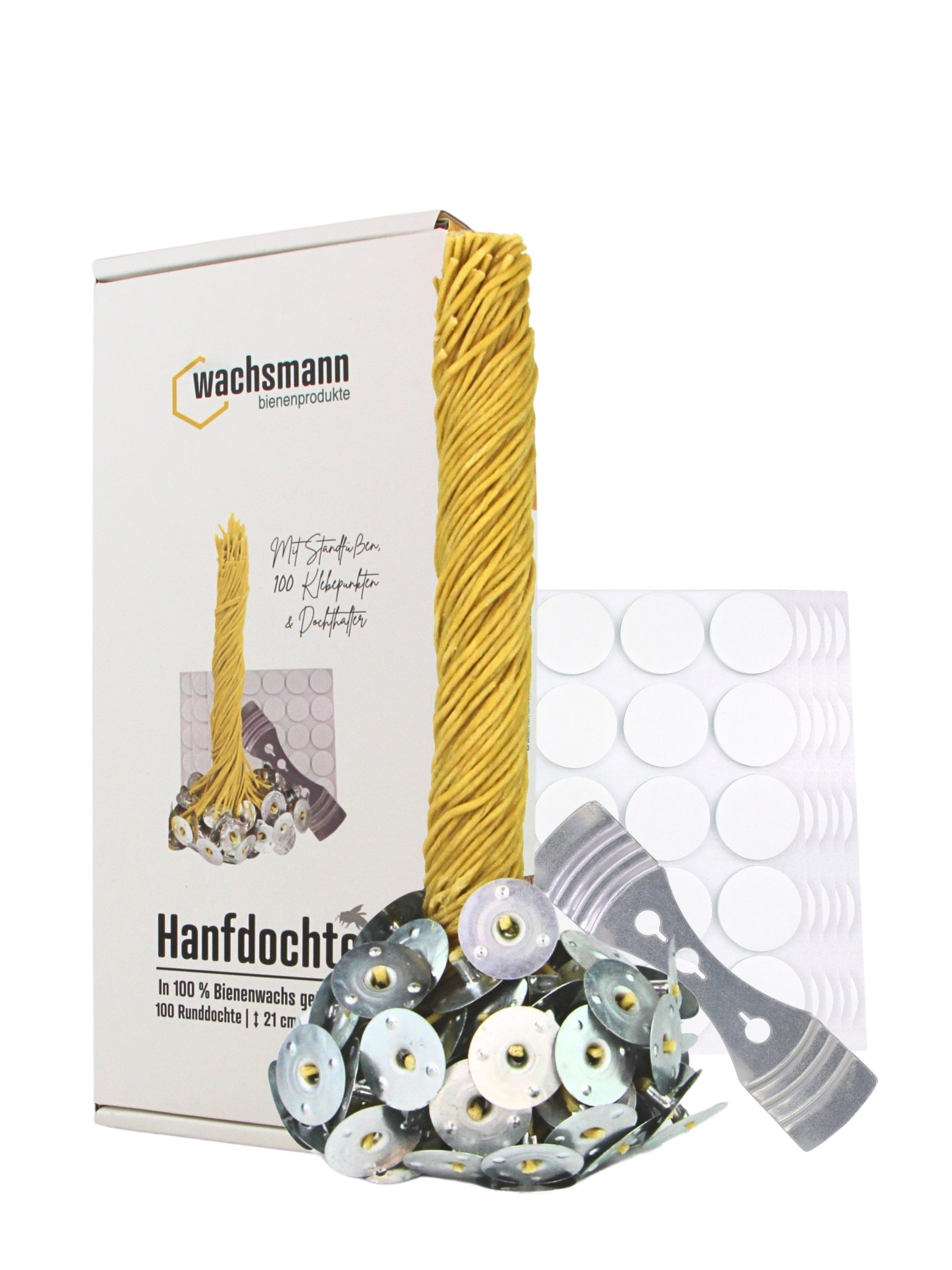 Wachsmann Bienenprodukte Bienenwachskerze 100 Kerzendochte (mit Metallfüßchen, Klebepunkten und Dochthalter), Ruhiges, rußarmes Brennen, paraffinfrei.