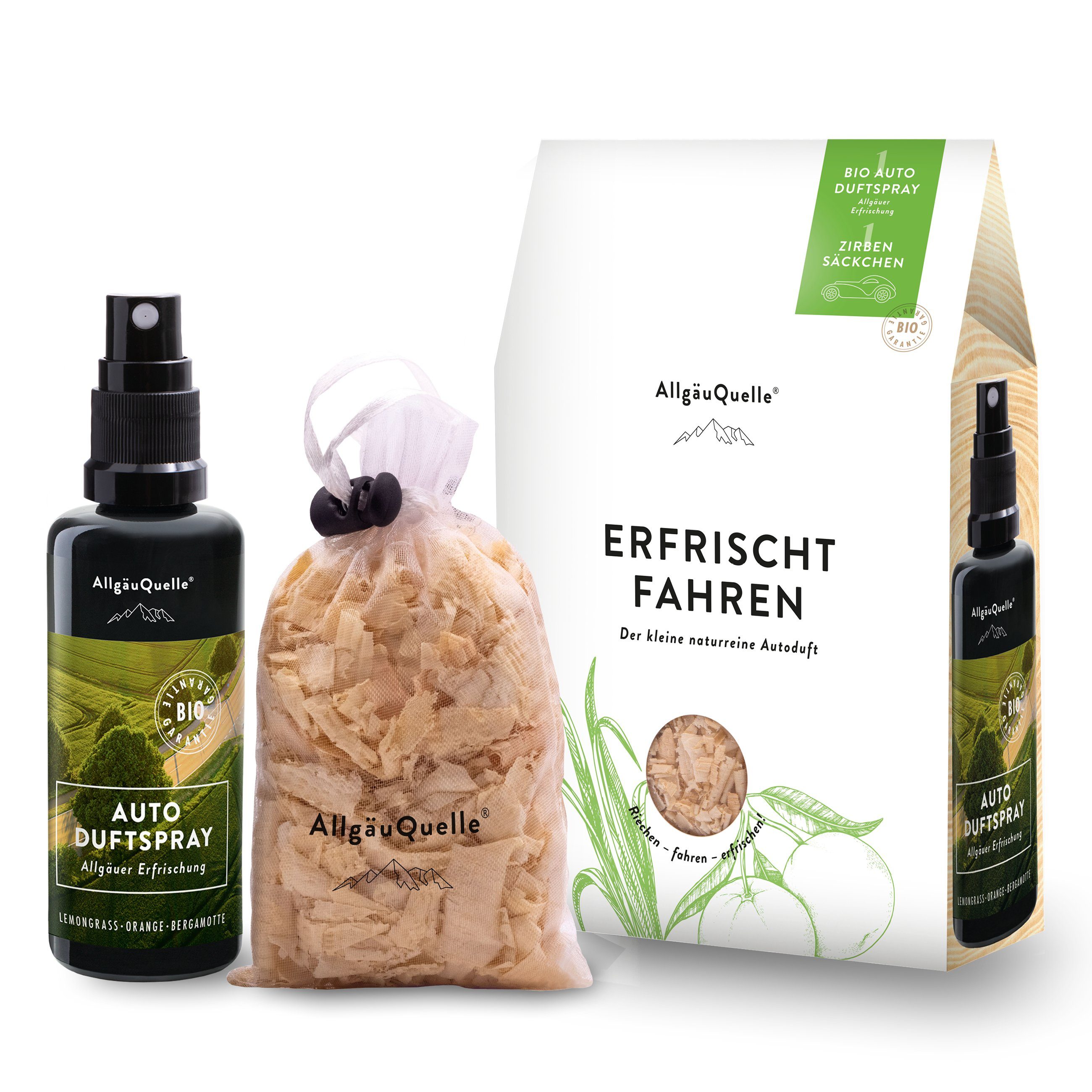 Allgäuquelle Raumduft BIO Mini Auto Duftspray Set Erfrischung mit 1 x 50ml Auto Duftspray (1 x 50ml + Zirben-Säckchen), mit Ölen aus 100% naturreinen ätherischen Ölen & 1 BIO Zirben-Säckchen