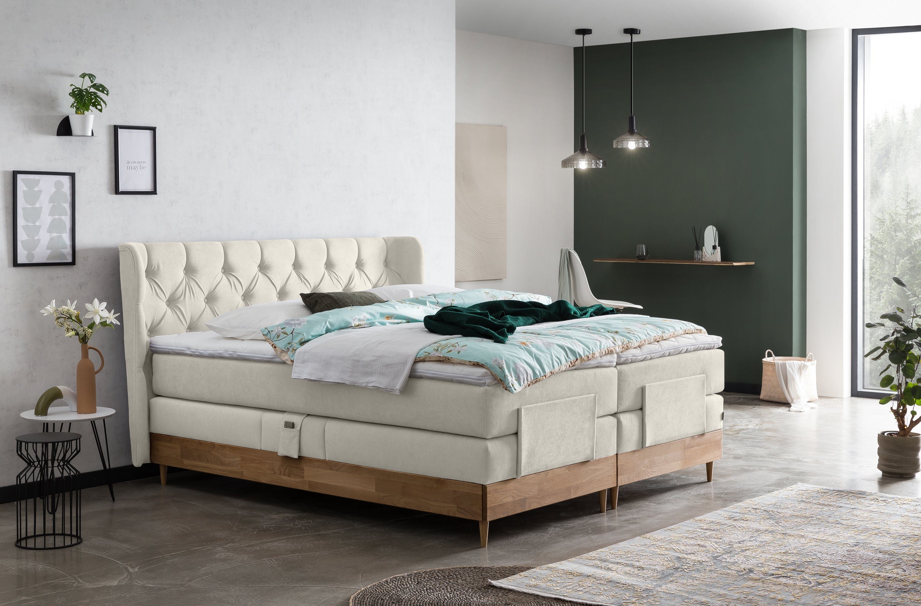 Belanoti Boxspringbett EON (Boxspringbett 180x200 elektrisch verstellbar Bett 180x200 mit Motor, 7-Zonen Taschenfederkern Matratze inklusive Visco Topper), in der Farbe Beige H2/H3 Polsterbett Motorbett mit Eiche