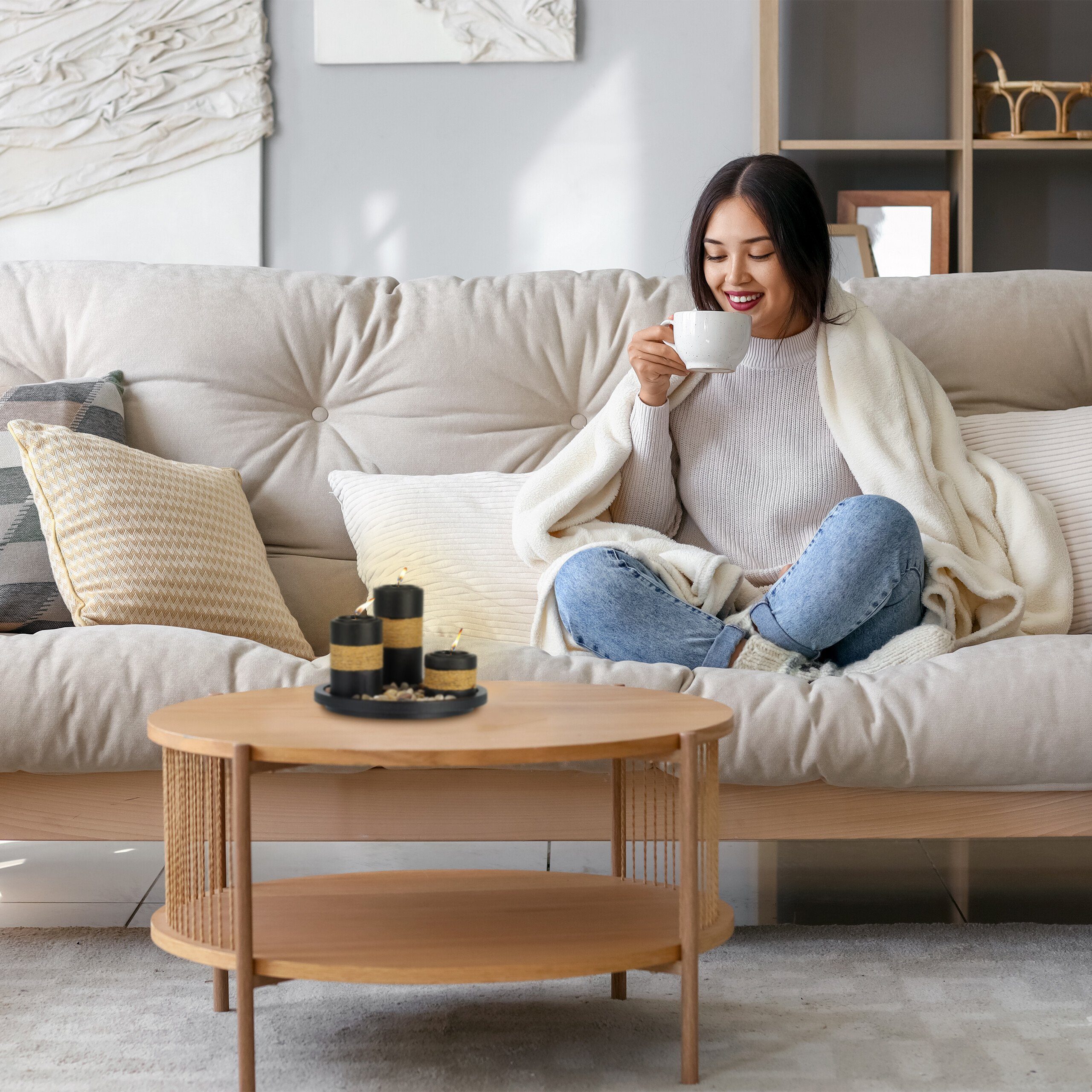 relaxdays Teelichthalter mit Tablett & Steine