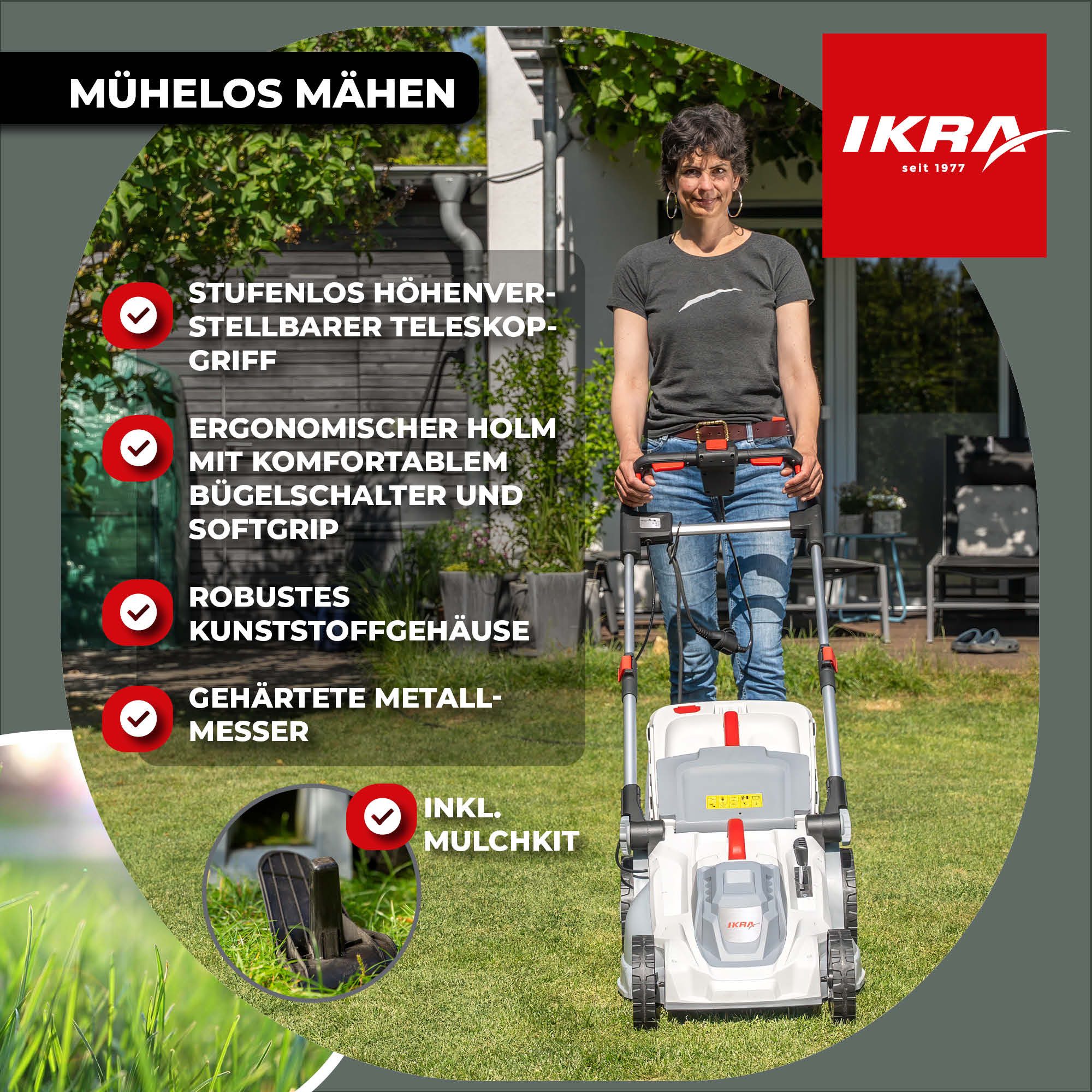 ikra GmbH Elektrorasenmäher IERM 2043 T, 43 cm Schnittbreite, (inkl. Ersatzmesser), 2000 Watt