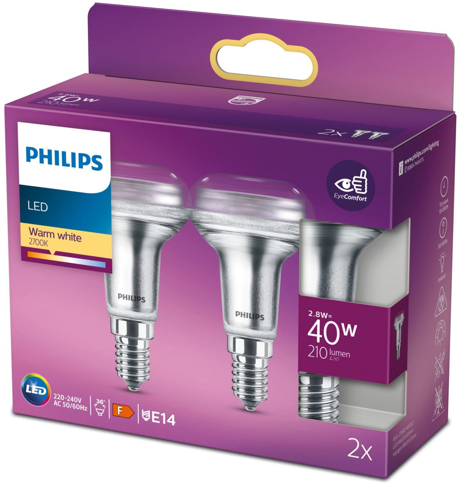 Reflektor, E14 E14, Silber LED-Leuchtmittel Philips 210lm 2erPack LED 40W Warmweiß, Warmweiß
