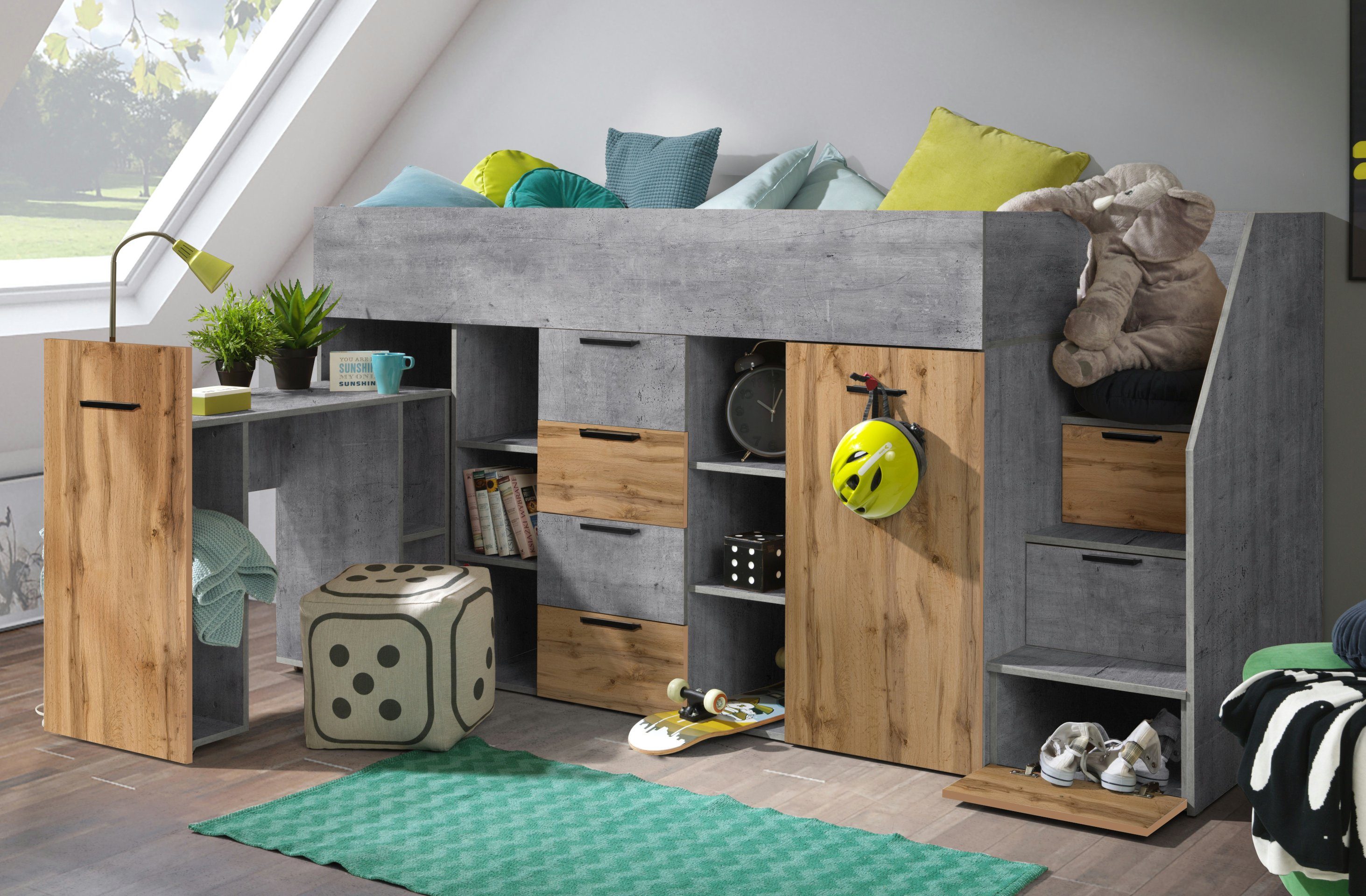 Unique Home Hochbett Kinderbett KON3-P, Hochbett mit Schreibtisch, Schrank und Schubladen Beton/Wotan | Hochbetten